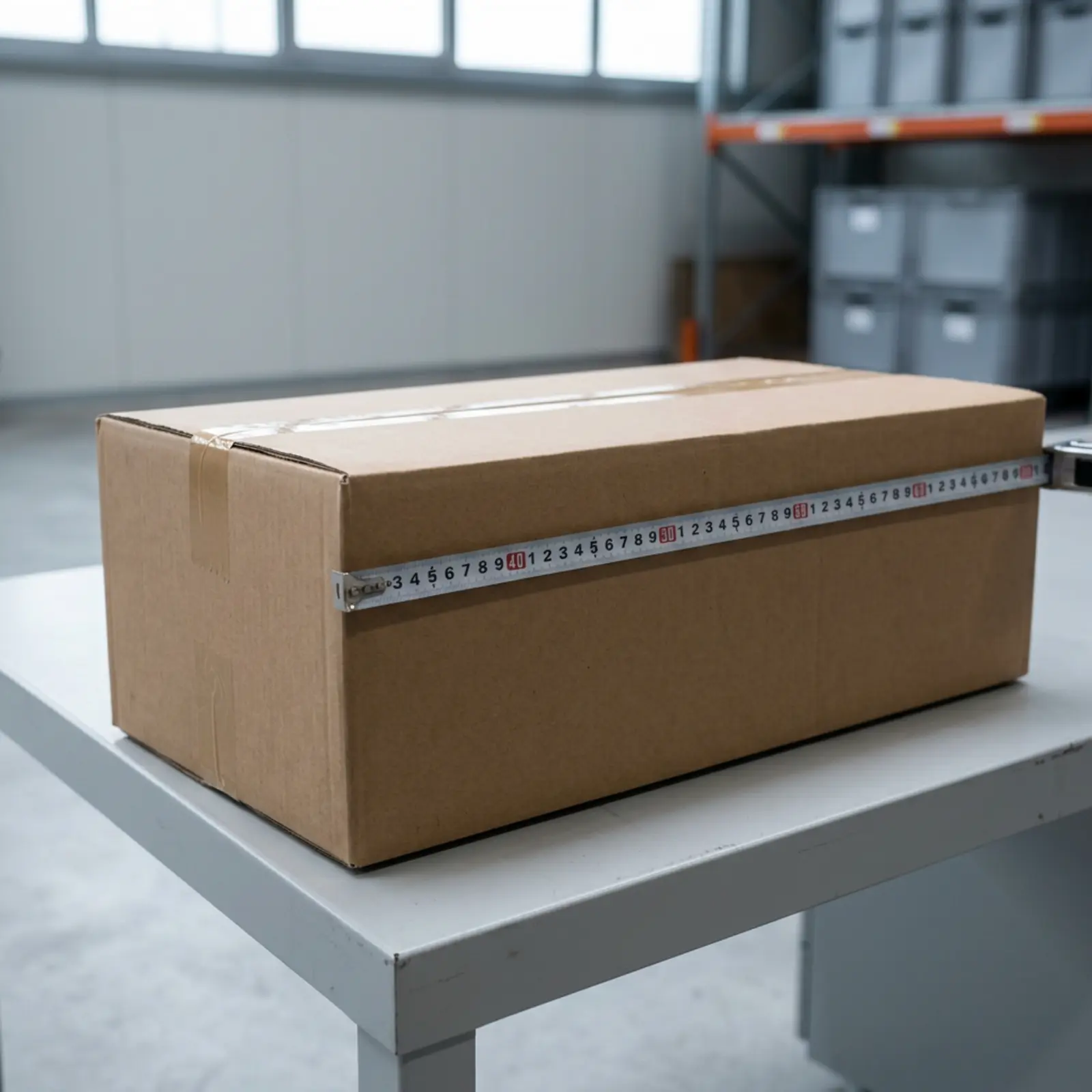 Caja de cartón con una cinta métrica a lo largo del lado más largo, con las medidas visibles, sobre un fondo gris neutro.