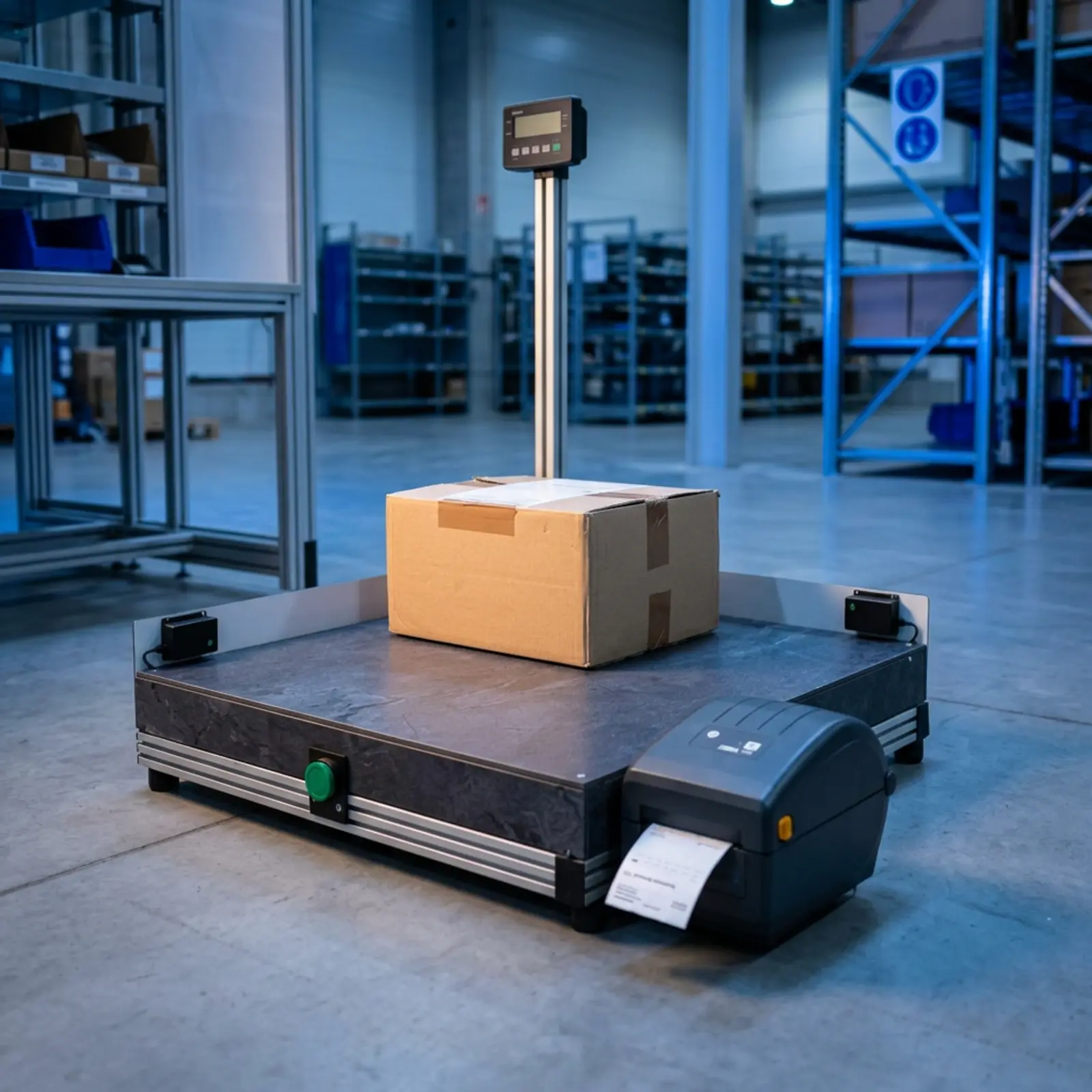 A package is placed on a scale at the logistics center, and a shipping label is printed.