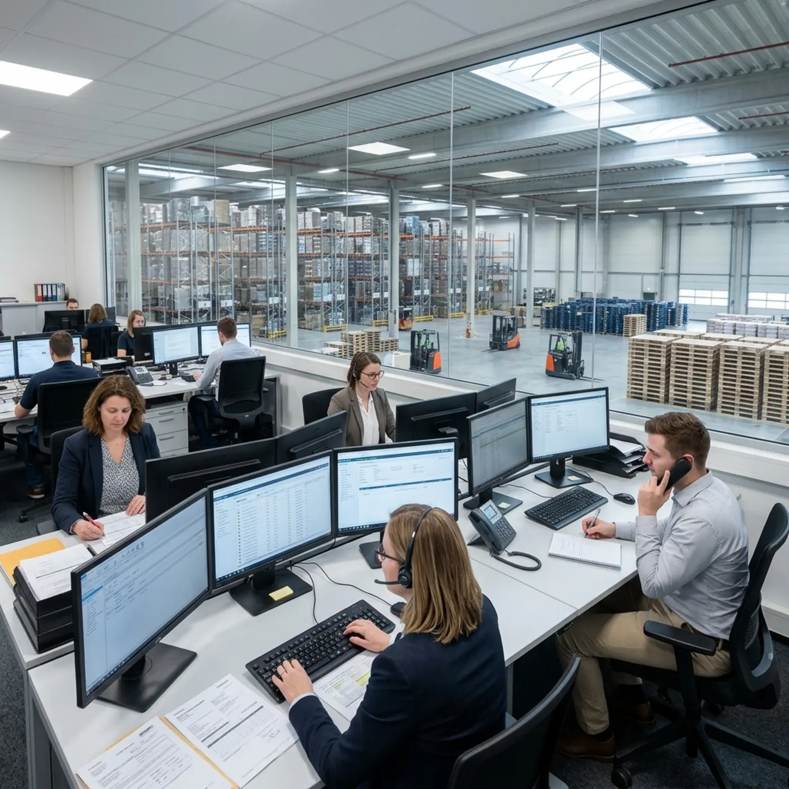 Bureau logistique situé au-dessus de l'entrepôt ; devant leurs écrans, les planificateurs coordonnent les expéditions par téléphone, vérifient les commandes et les documents douaniers.