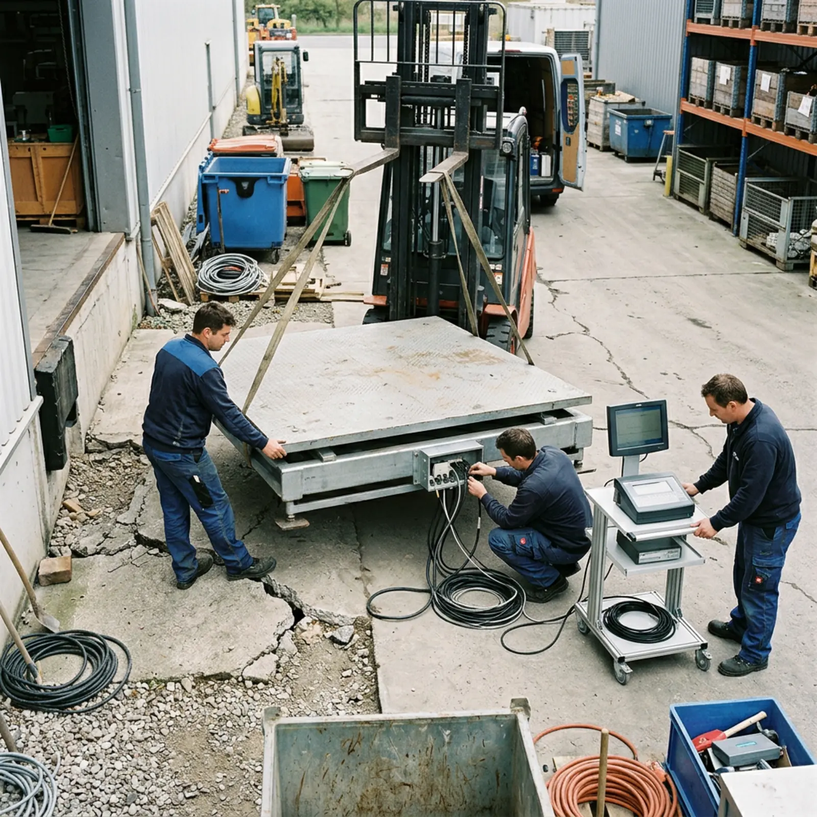 Balance industrielle photoréaliste avec des poids de contrôle ; un technicien effectue un contrôle, au sol, sur une surface irrégulière.