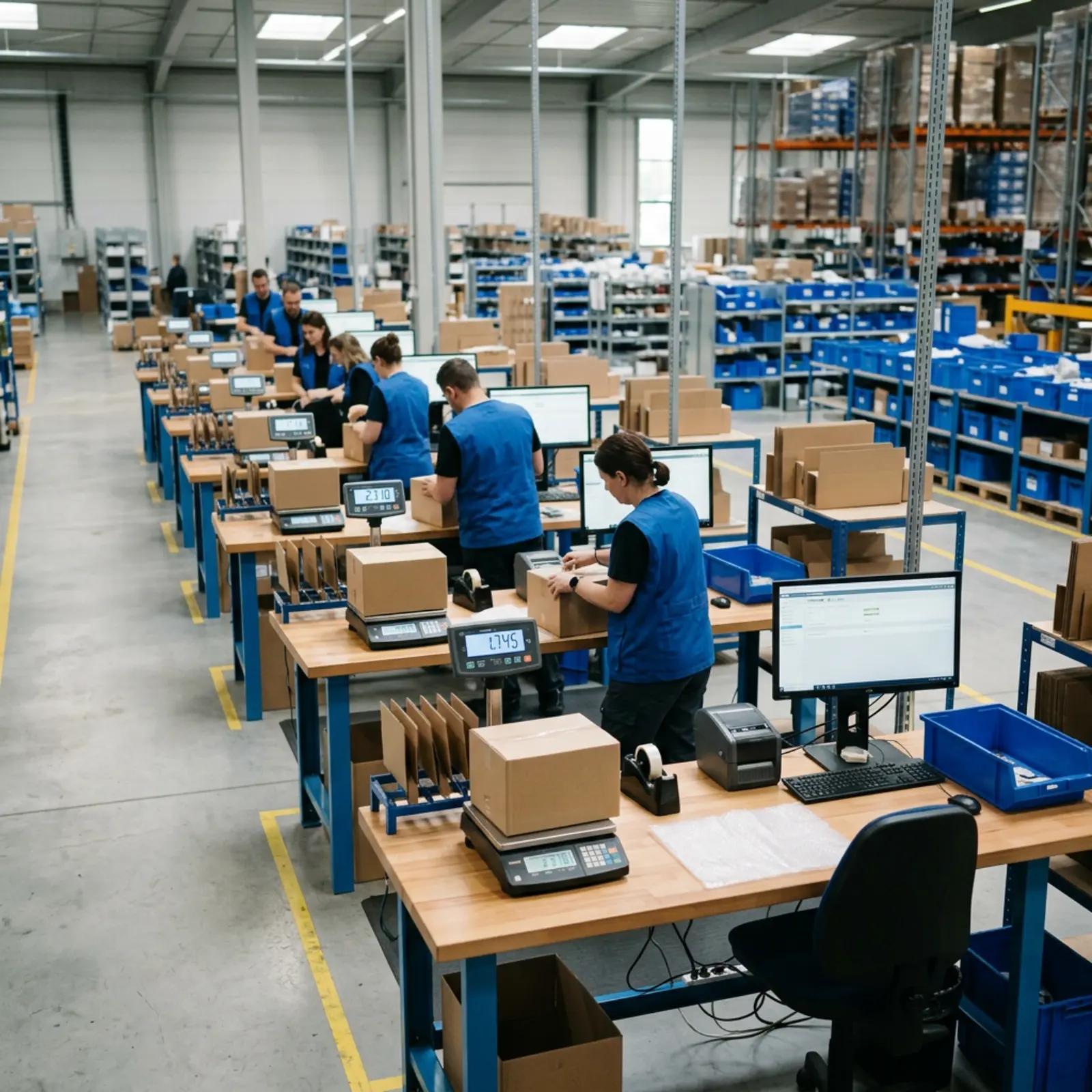 Alignement de balances compactes pour colis sur des tables d'emballage dans le centre de logistique, lumière naturelle neutre aux nuances bleutées