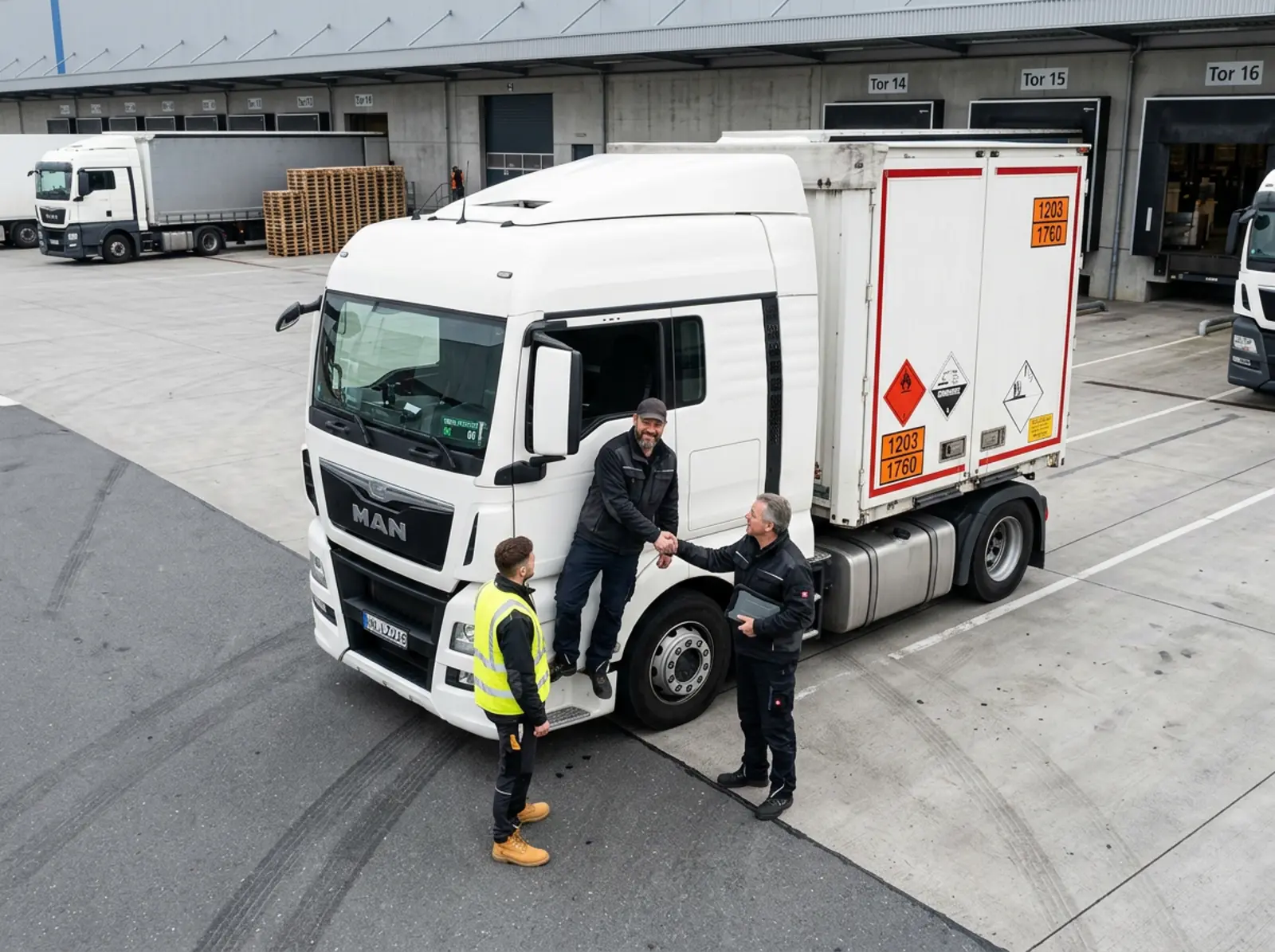 Logistikteam bei Händedruck neben korrekt beschriftetem Gefahrgut-Lkw im Verteilzentrum