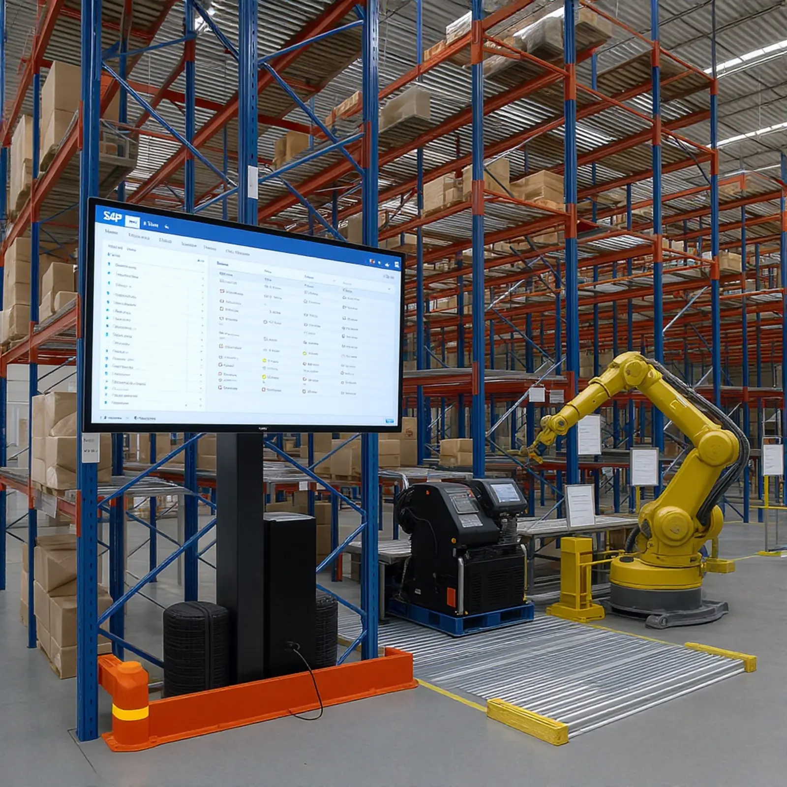 Entrepôt automatisé à rayonnages en hauteur avec tableau de bord WMS, SAP EWM, robots et convoyeurs.