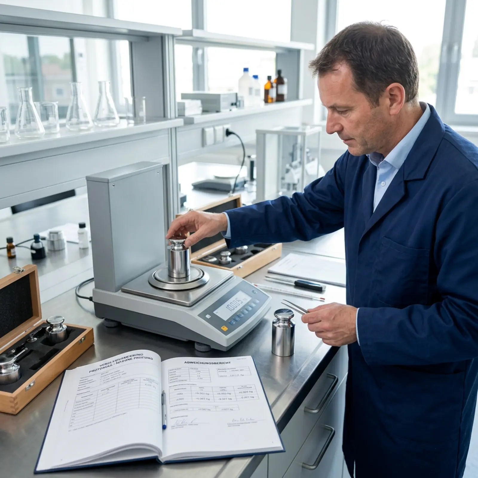 Un technicien en métrologie vérifie une balance dans un laboratoire à l'aide de poids étalons, gros plan.