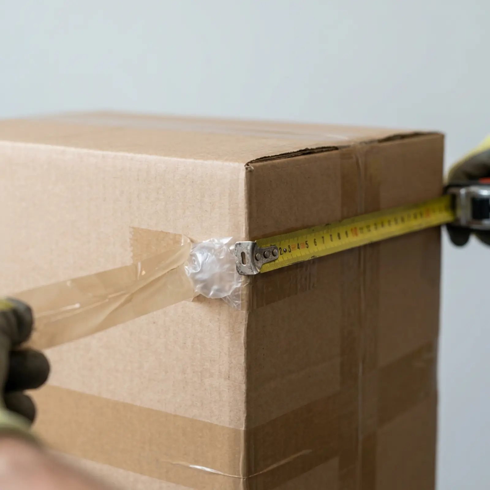 Infografía industrial: caja de cartón medida con una cinta métrica; se aprecian la unión con cinta adhesiva y el relleno.