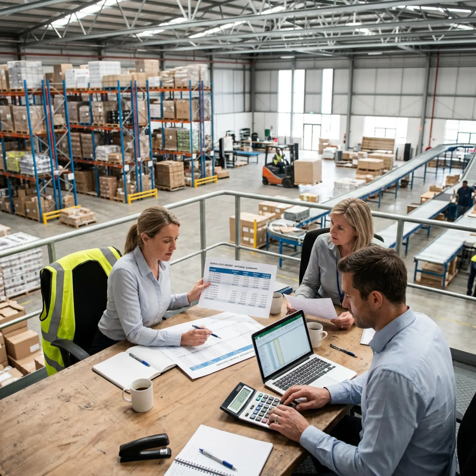 Une petite équipe de direction examine sur son ordinateur portable un rapport sur les coûts liés au transport, au stockage, à la manutention et à l'administration
