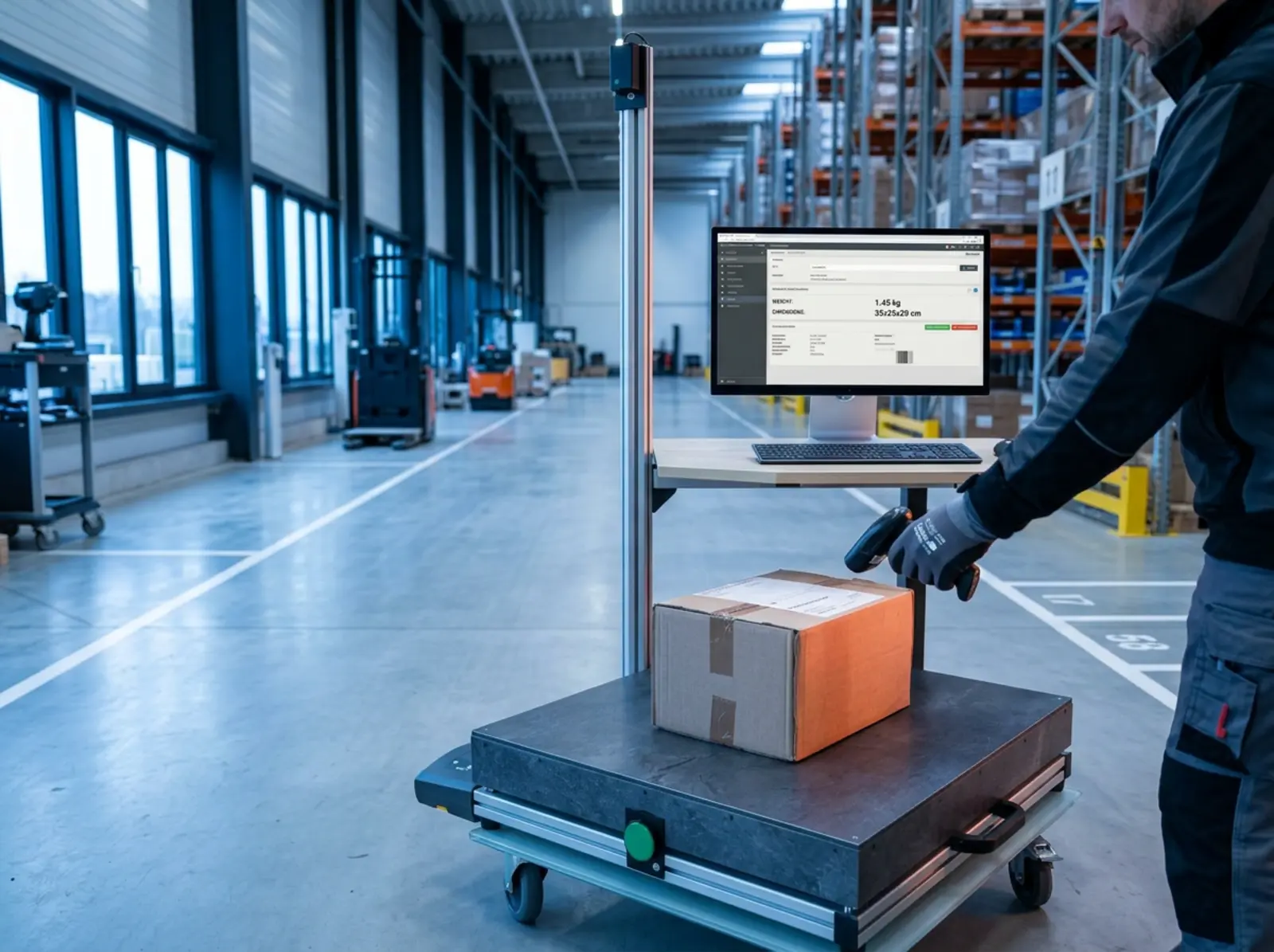 A package at the measuring station is being scanned; the monitor displays its dimensions and weight at the logistics center