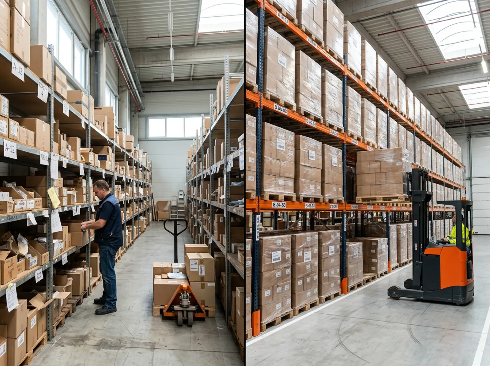 Fotorealistischer Logistikbereich im Lager mit zwei Zonen für Regale und gemeinsames Sammellager