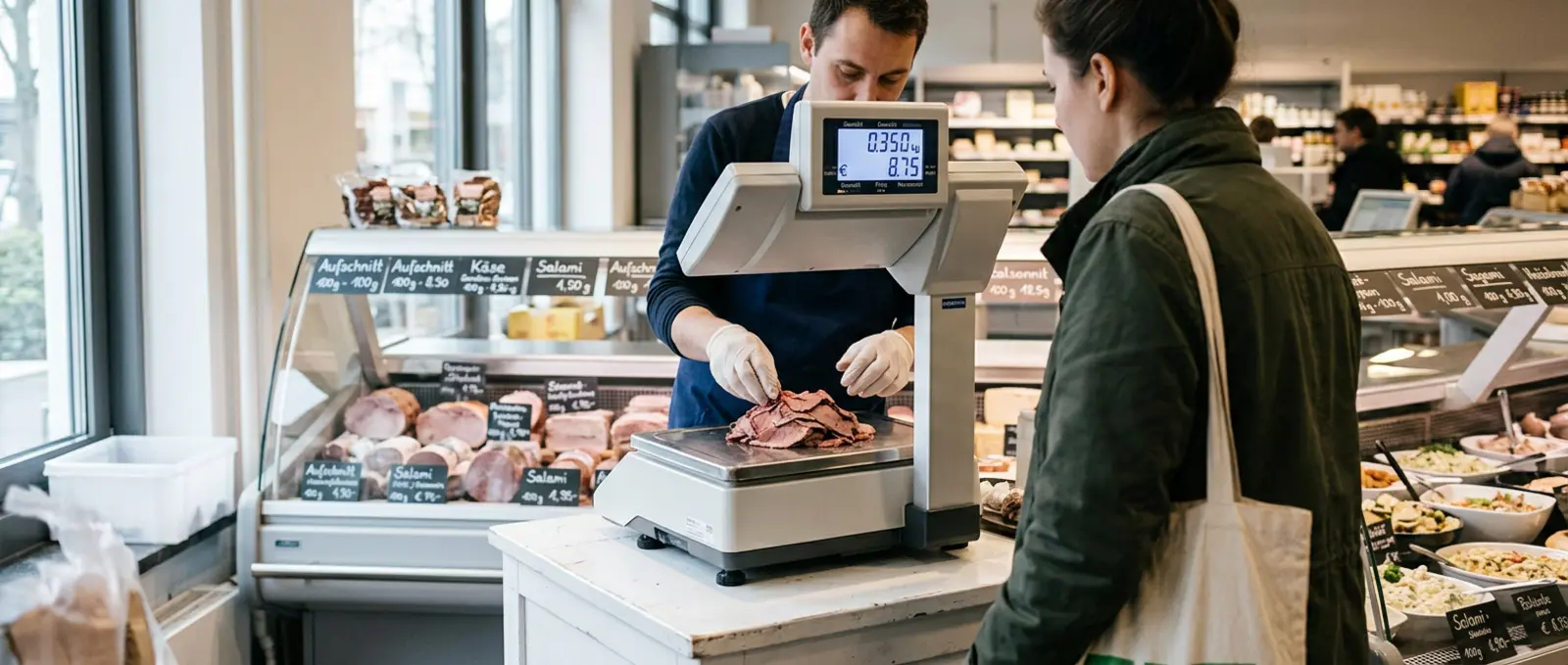 Kunde beobachtet, wie eine Verkäuferin Aufschnitt auf einer Waage abwiegt.
