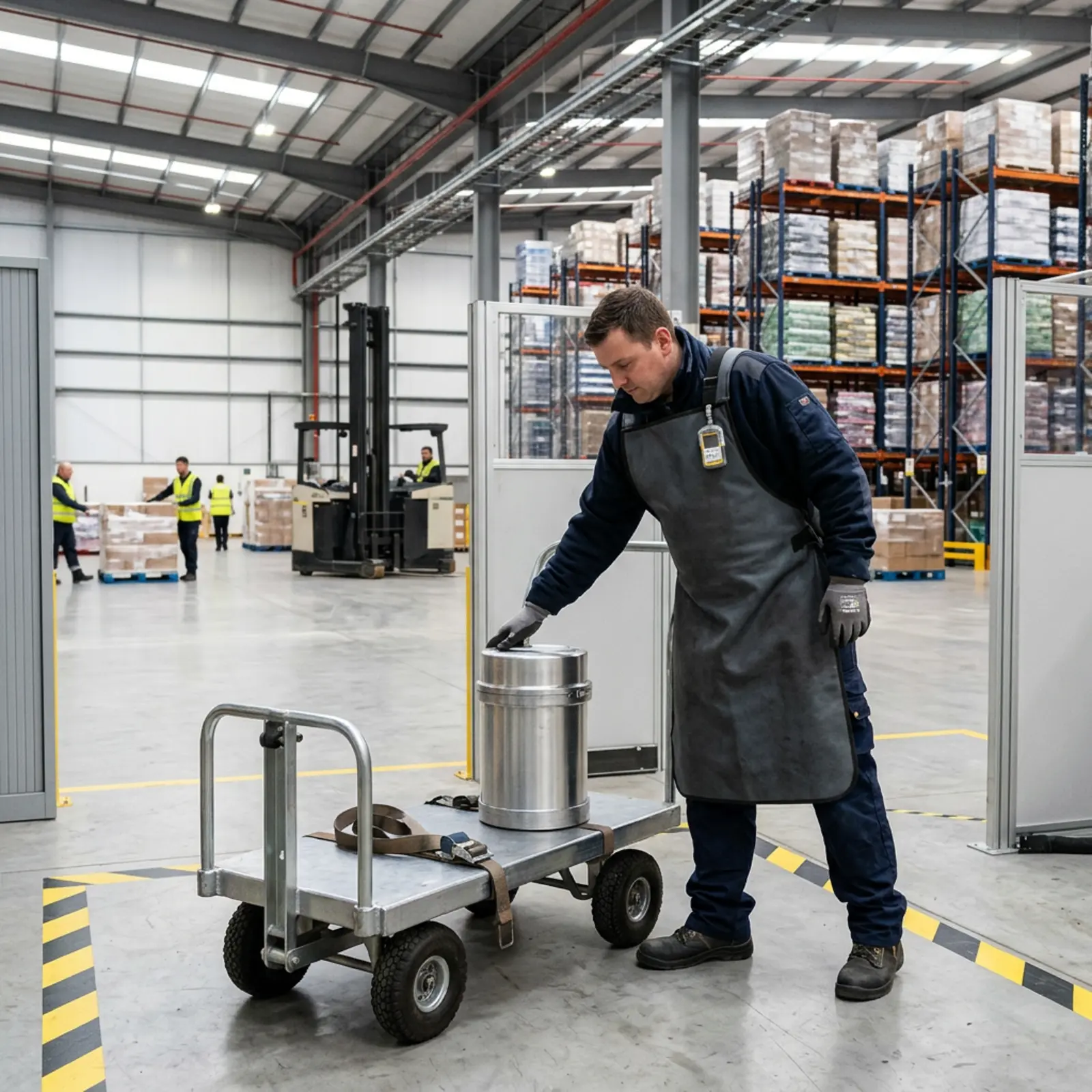 Fachkraft mit Schutzapron lädt abgeschirmten Metall-Transportbehälter auf gesicherten Trolley im Lager
