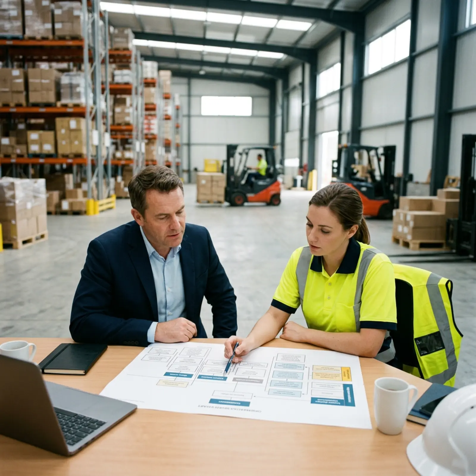 Manager und Sicherheitsbeauftragter prüfen Organisationsplan im Logistiklager am Tisch