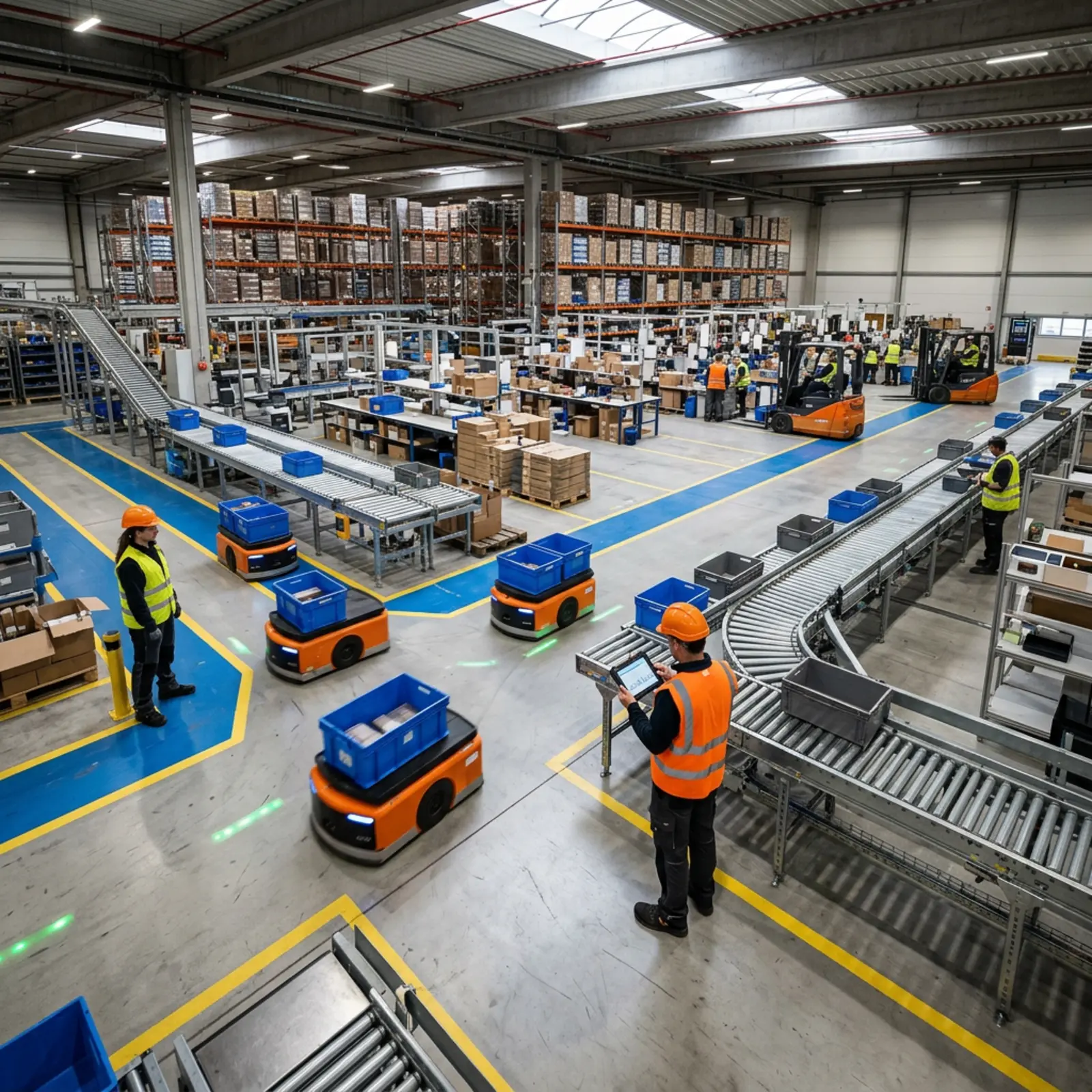 Dynamische Intralogistik-Szene mit autonomen Wagen, Förderbändern und Aufsichtspersonal.