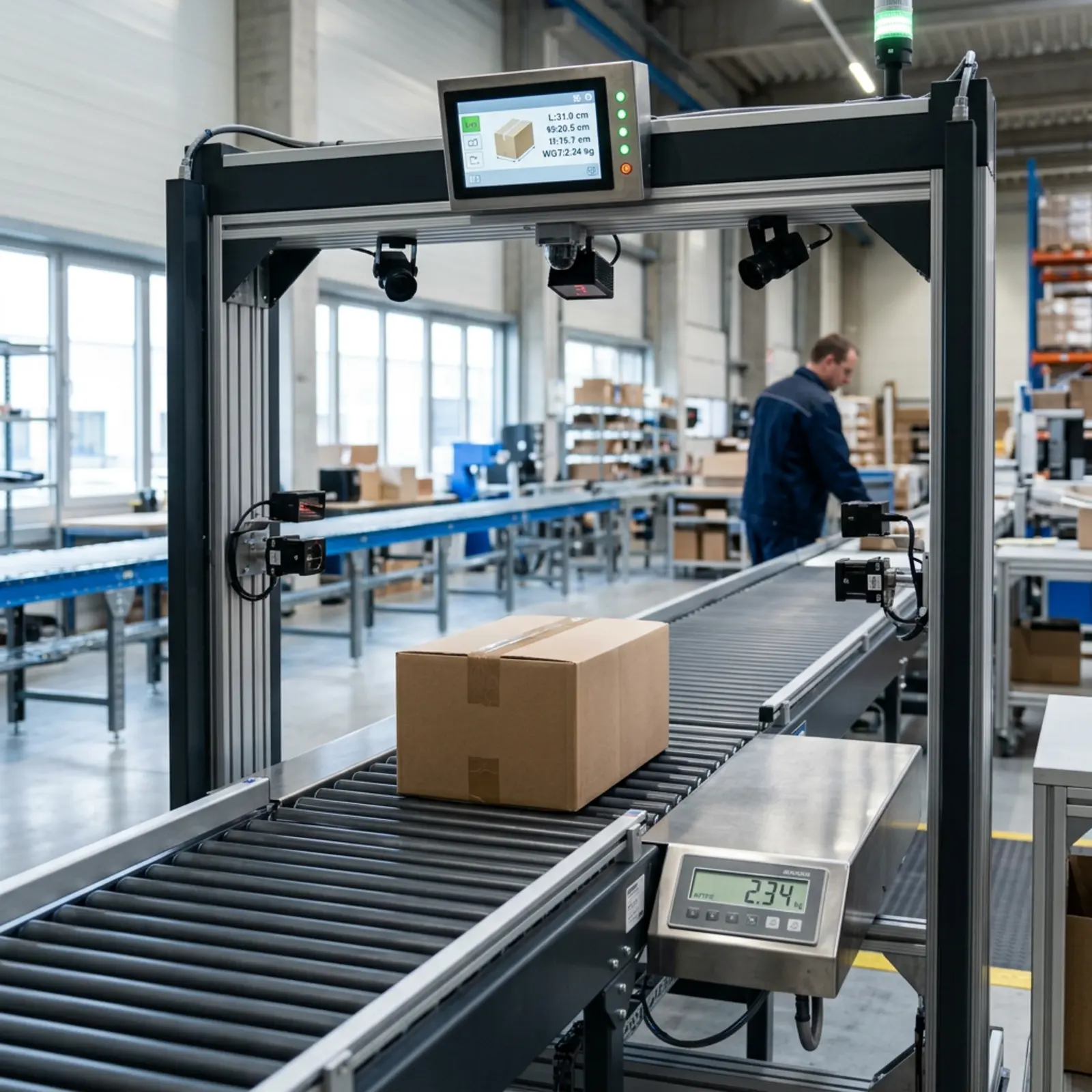 Balance à colis sur la table d'emballage avec station de dimensionnement ; des capteurs mesurent les dimensions, dans des tons de bleu apaisants.