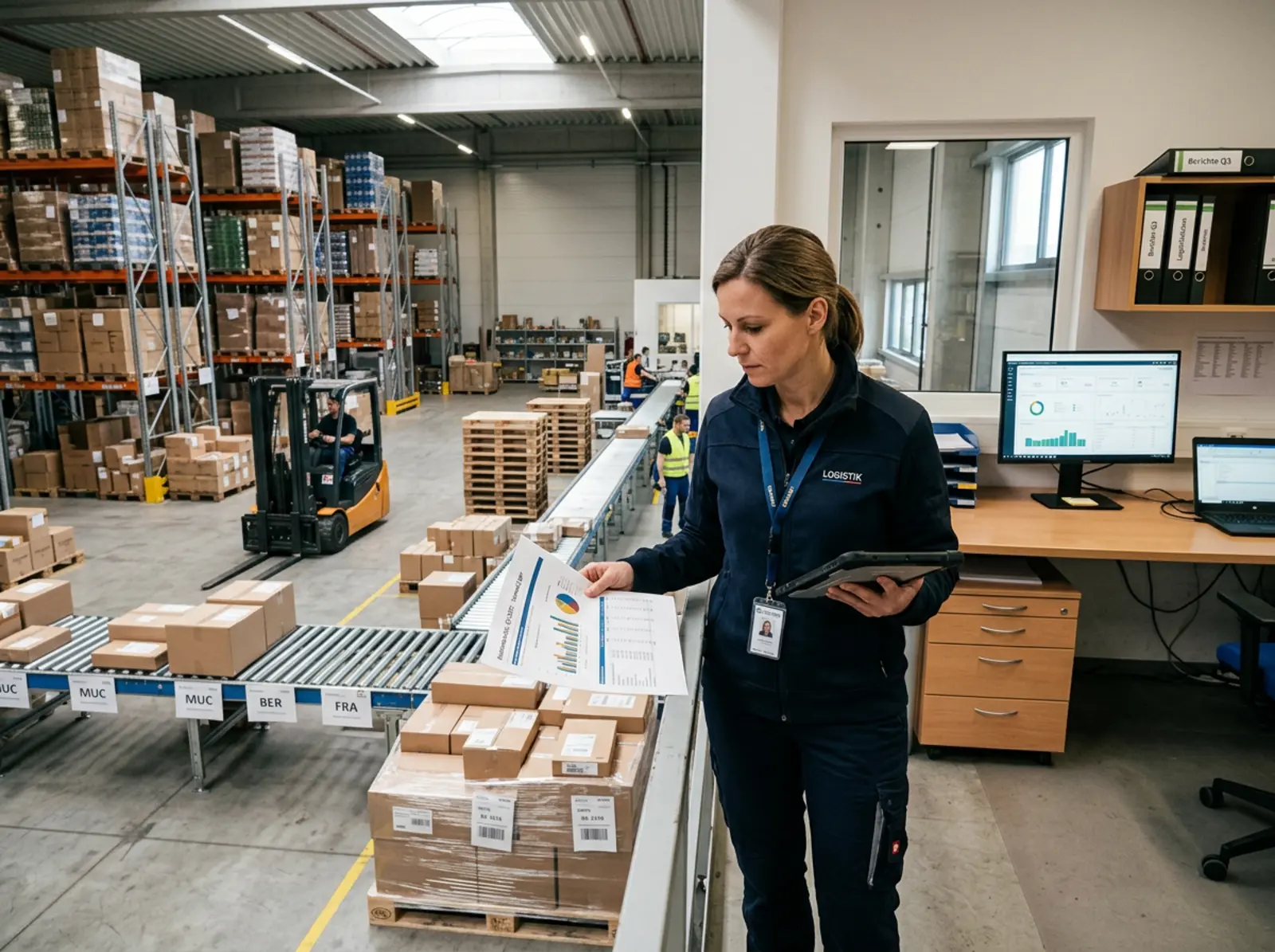 Un responsable logistique, entre l'entrepôt et le bureau, vérifie les marchandises en sortie, le stock de palettes et le rapport de coûts