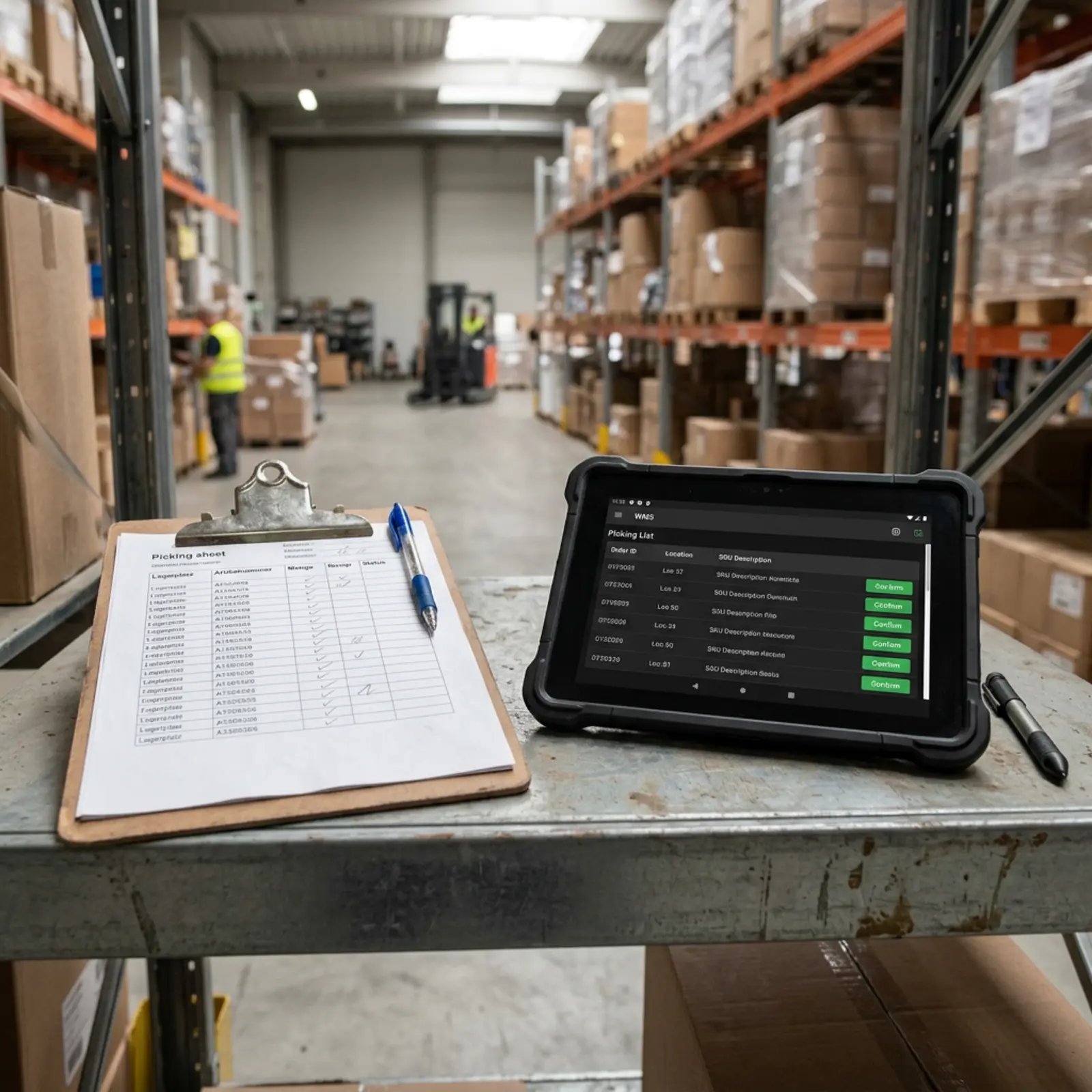 Geteilte Ansicht: Papier-Kommissionierschein und Tablet mit WMS-Interface im Lagerregal