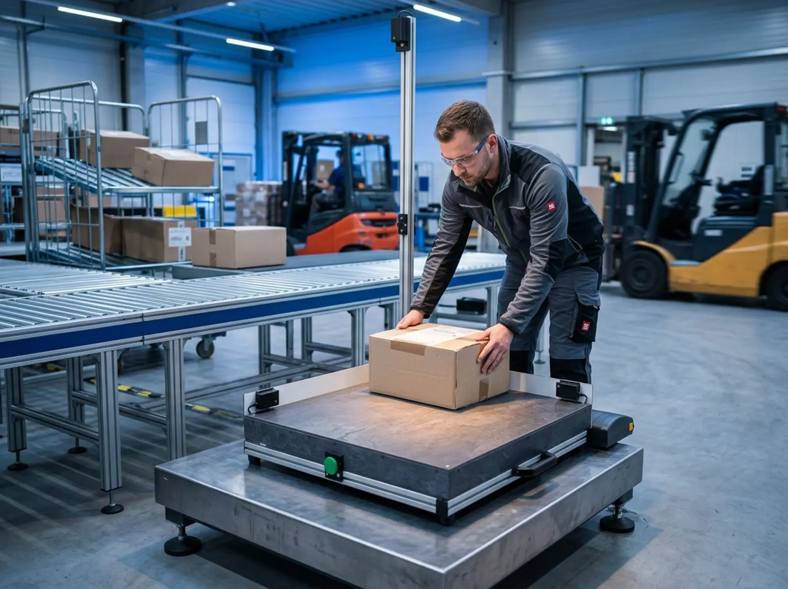 A warehouse worker weighs and measures packages in a modern logistics center, with a focus on technical aspects.