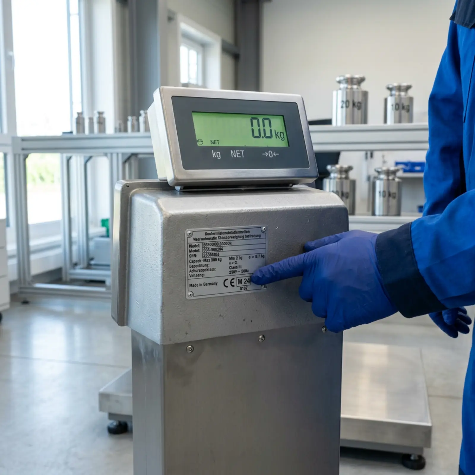 Un technicien vérifie la carte électronique d'une nouvelle balance industrielle ; le marquage de conformité est mis en évidence.