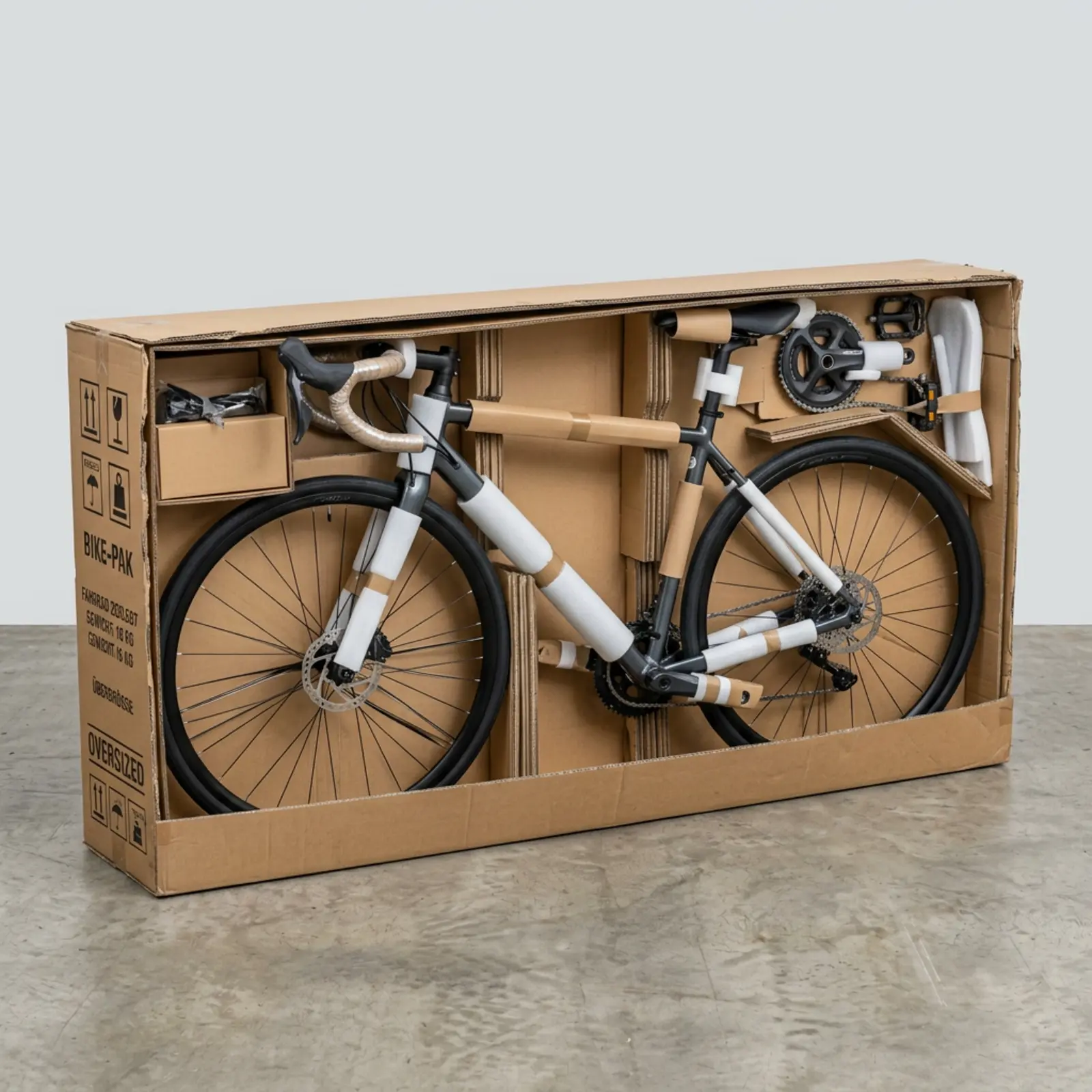 Bicicleta desmontada en una caja de cartón alargada y de gran tamaño, al estilo de la infografía industrial.