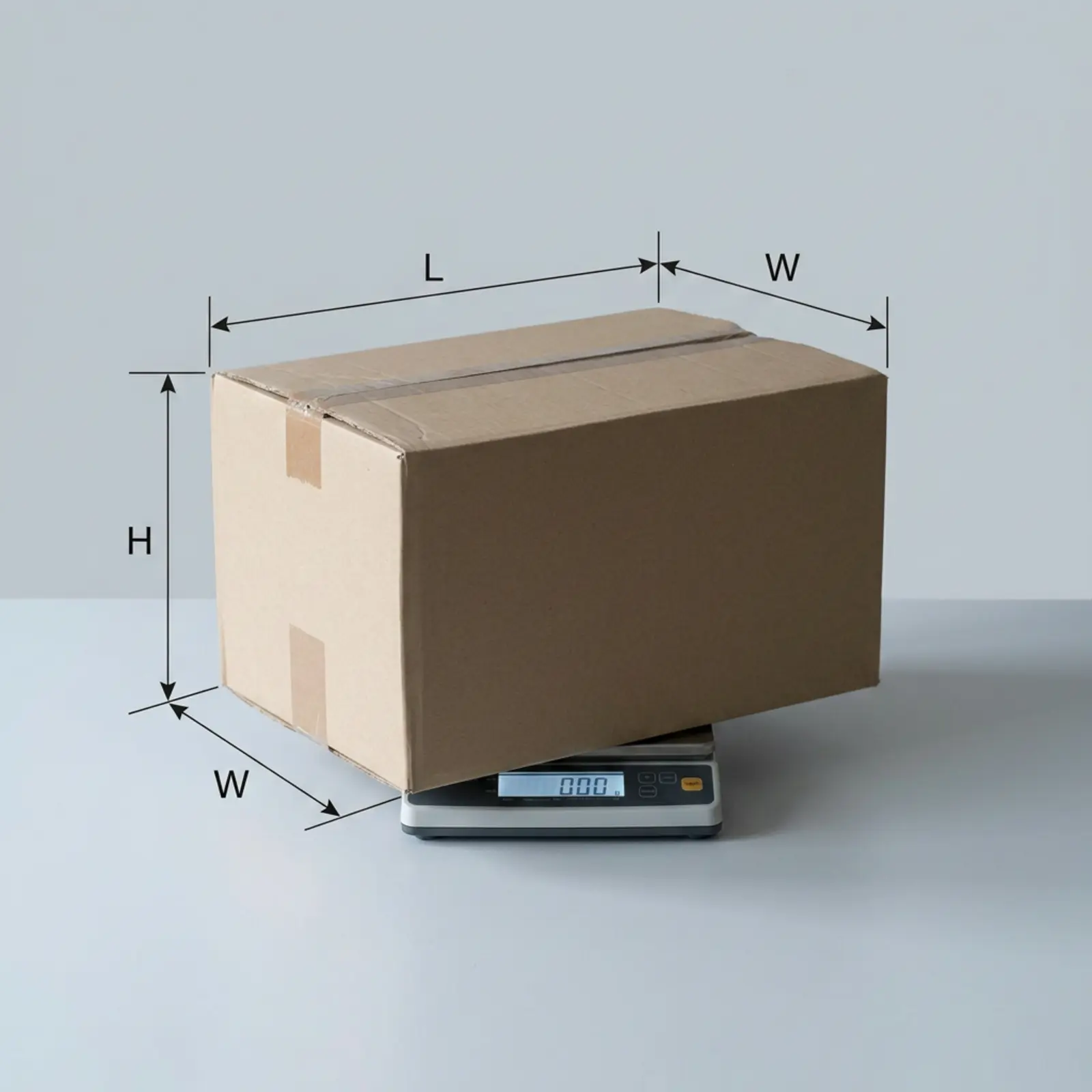 Fotografía técnica de infografía: un mensajero entrega un paquete; se ven las flechas de medida, DHL/DPD/UPS.