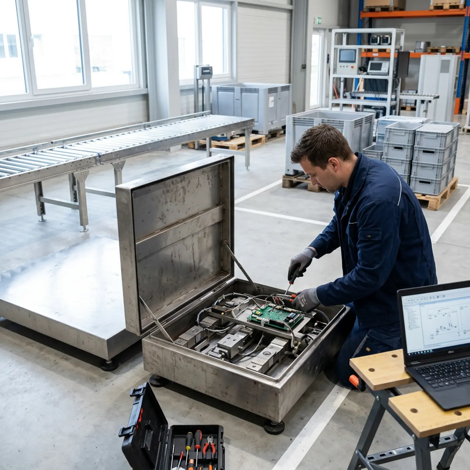 Un technicien ouvre le boîtier d'une balance industrielle en cas de panne ; la plaque d'étalonnage et l'écran sont visibles