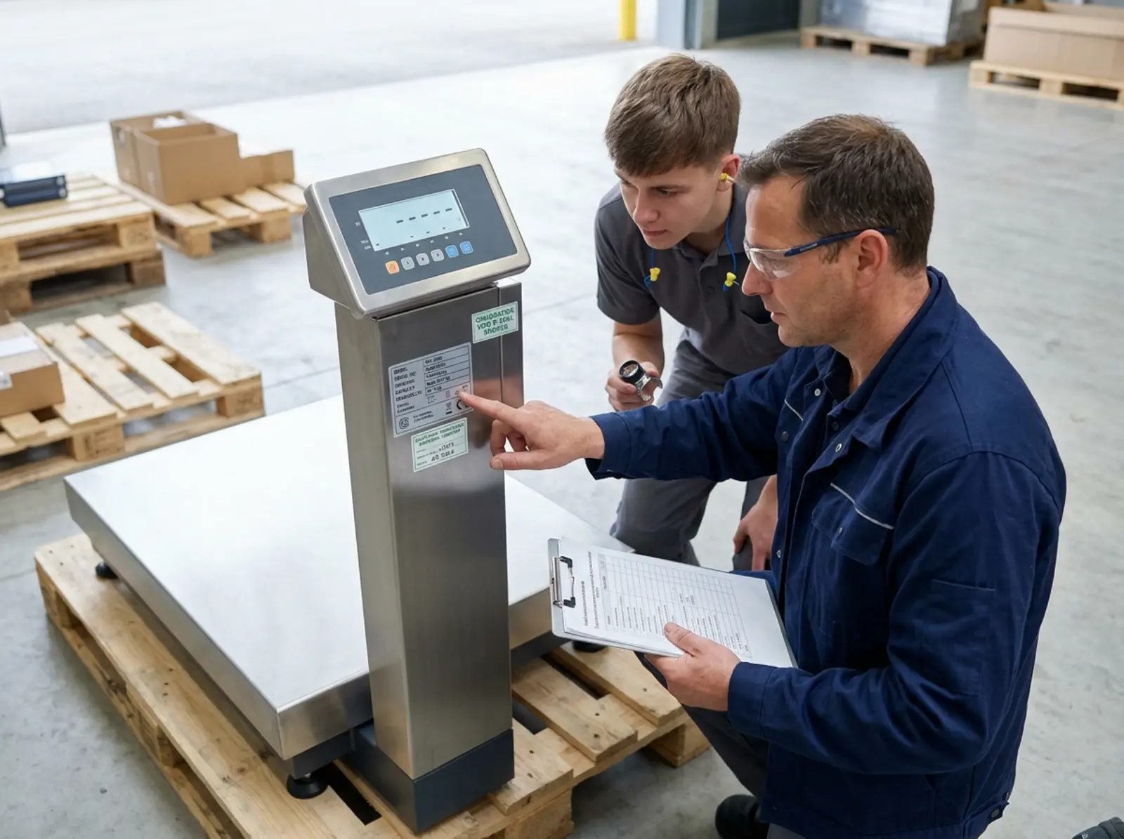 Les acheteurs et les techniciens vérifient la nouvelle balance industrielle, la plaque d'étalonnage et les poids de contrôle.