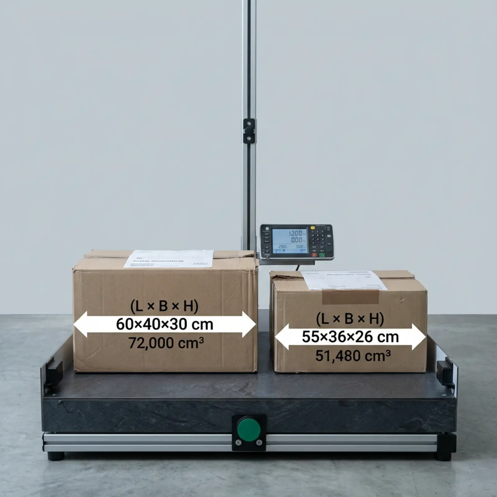 Dos cajas de diferentes tamaños una al lado de la otra, flechas con las medidas L×A×H, infografía de carácter técnico