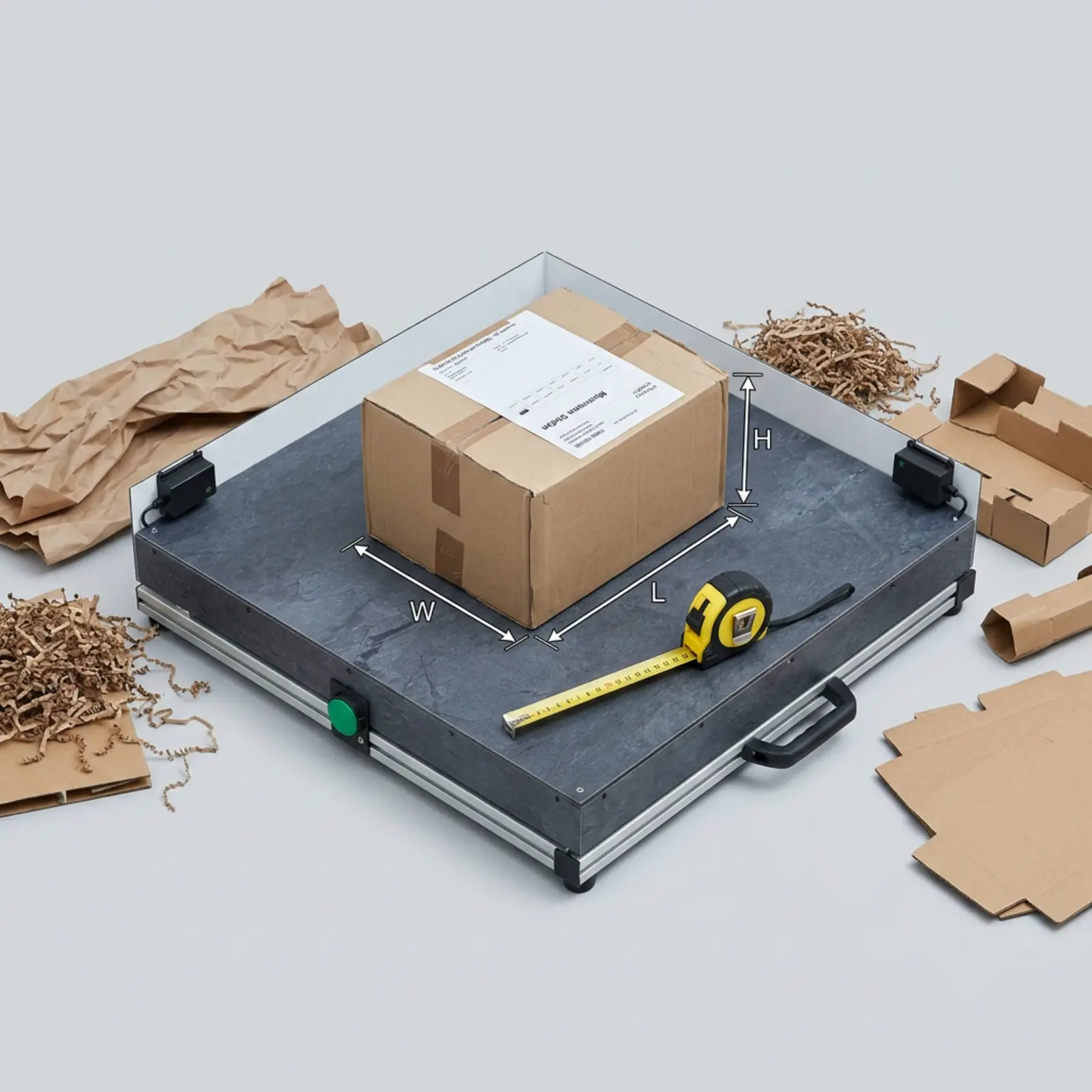 Caja pequeña sobre la báscula, materiales de embalaje, cinta métrica, flechas visibles con las medidas de largo × ancho × alto