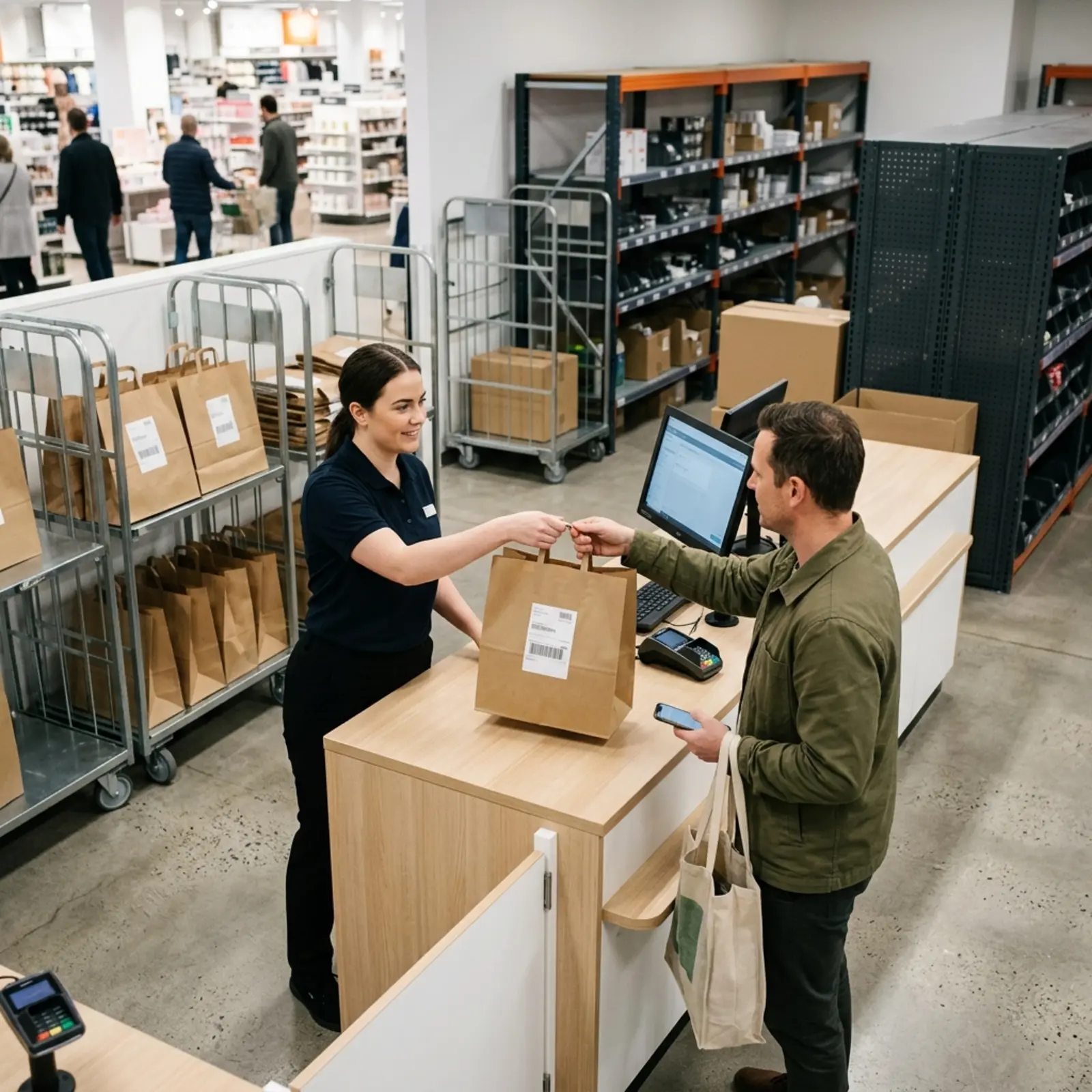 Mitarbeiter übergibt ein vorverpacktes Bestellpaket an einen Kunden am Abholschalter im Laden