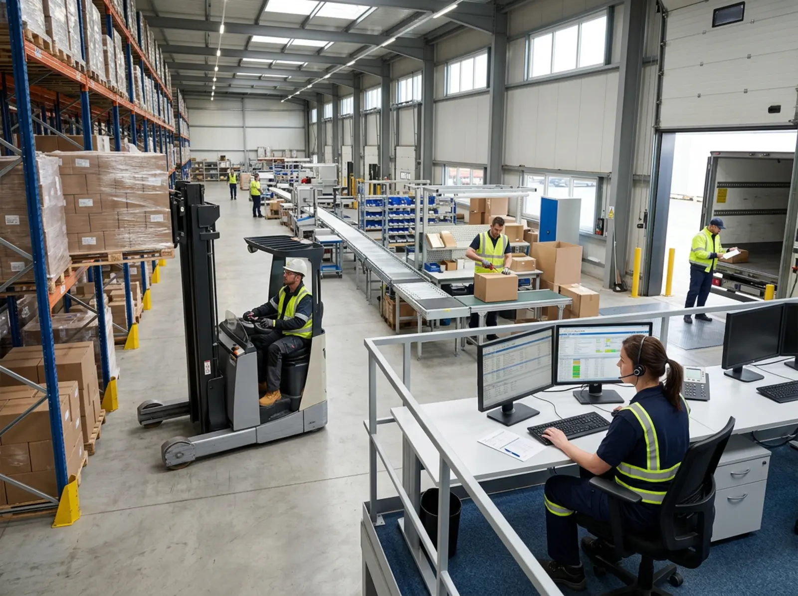 Logistikteam im modernen Lager: Dispatcher, Staplerfahrer, Packer und Lkw-Fahrer