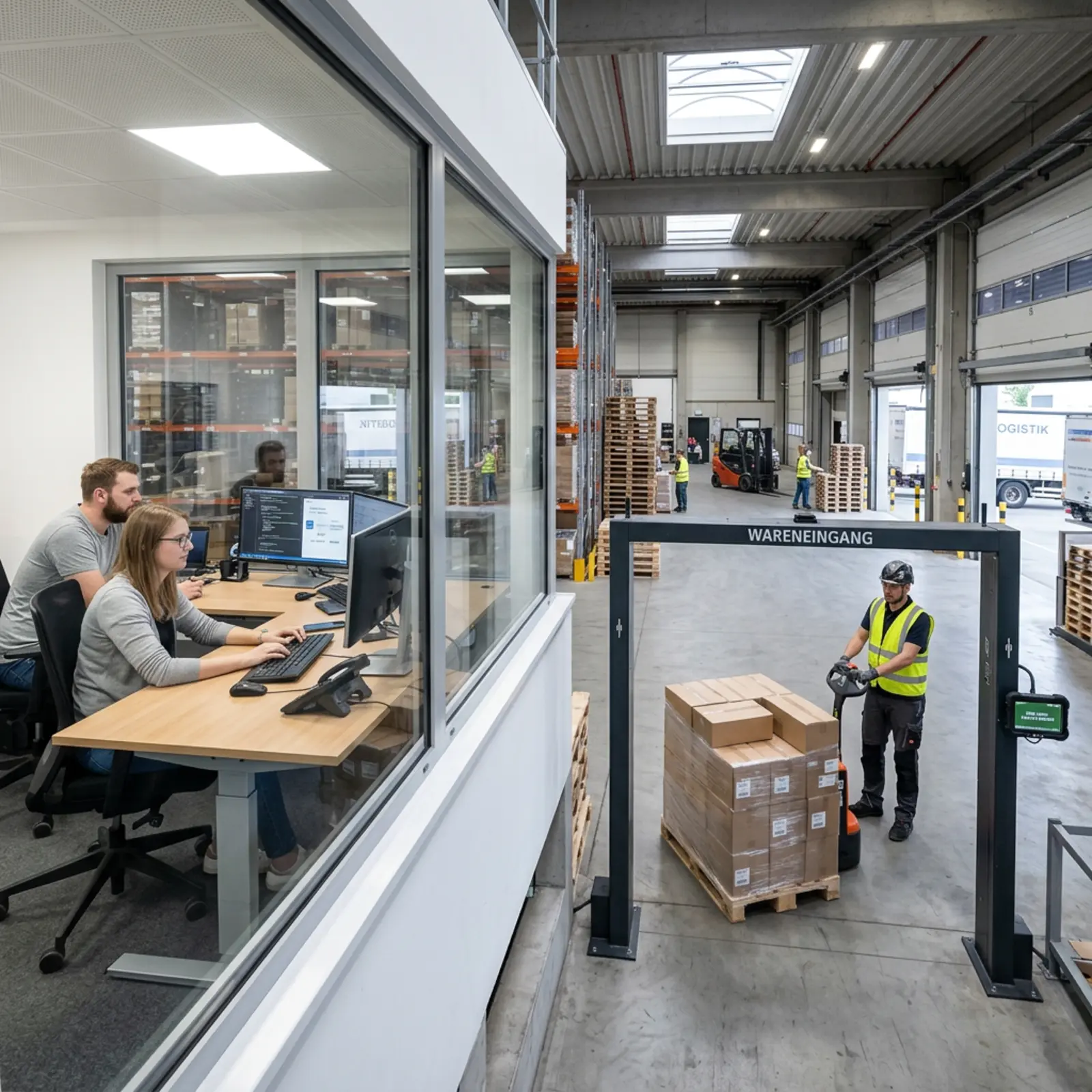 RFID-Wareneingangstor erfasst Palettenbewegung, IT-Mitarbeiter konfigurieren Schnittstellen.