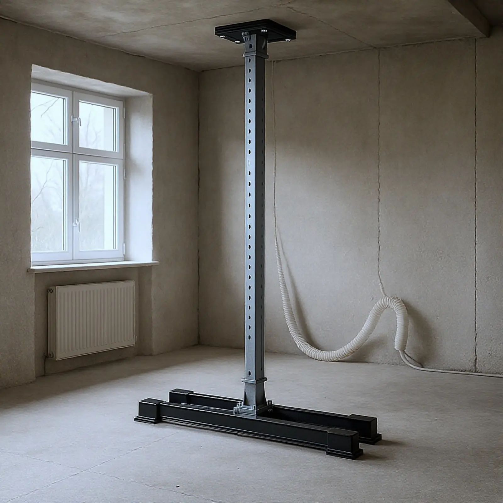 Fotorealistisches Hochregallager unter Renovierung: Gerüste, Baugeräte, Betonboden, Automatisierung.