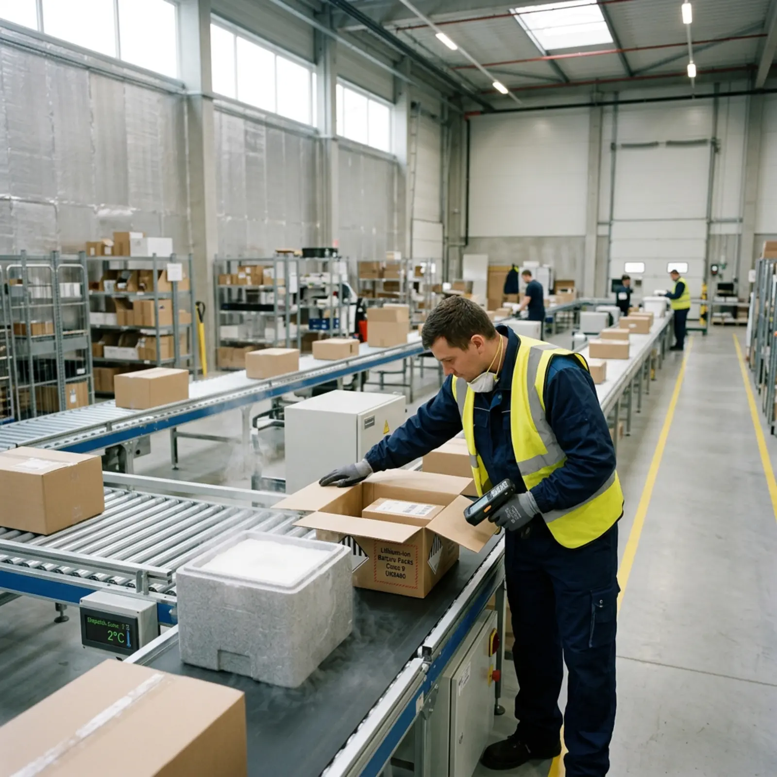 Logistikmitarbeiter prüft Box mit Lithium-Ionen-Batterien neben Trockeneis im Versandlager