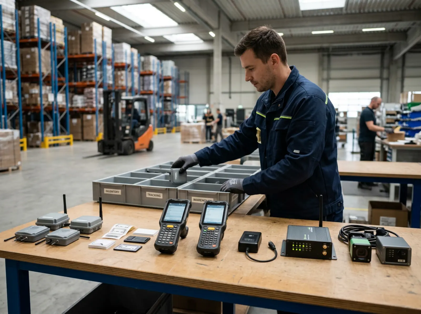 Arbeitsbank Logistikhalle: Sensoren, RFID-Tags, Handheld-Reader, GPS, Gateway; Techniker sortiert.