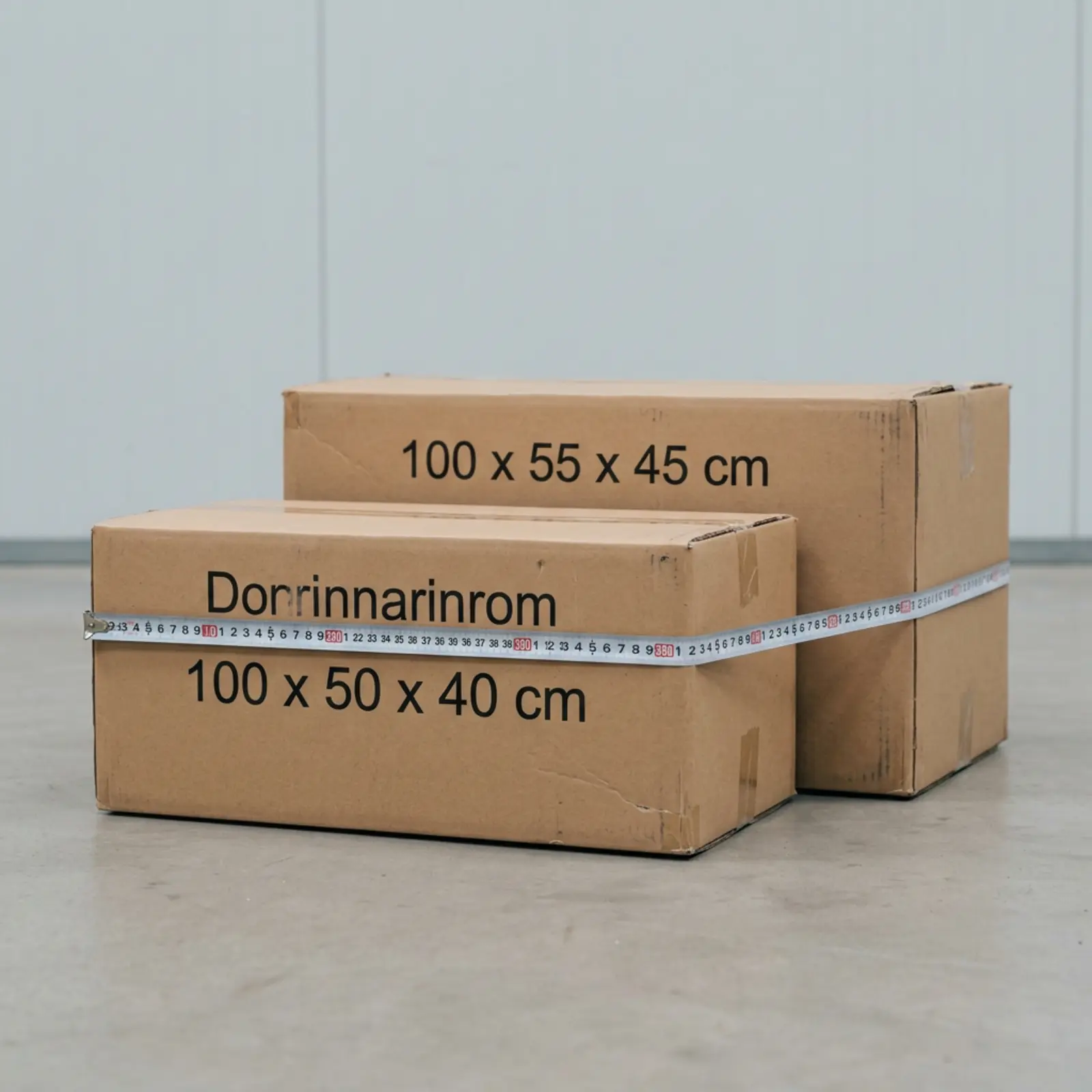 Dos cajas de cartón de 100×50×40 cm y 100×55×45 cm con una cinta métrica, infografía técnica y fondo neutro.