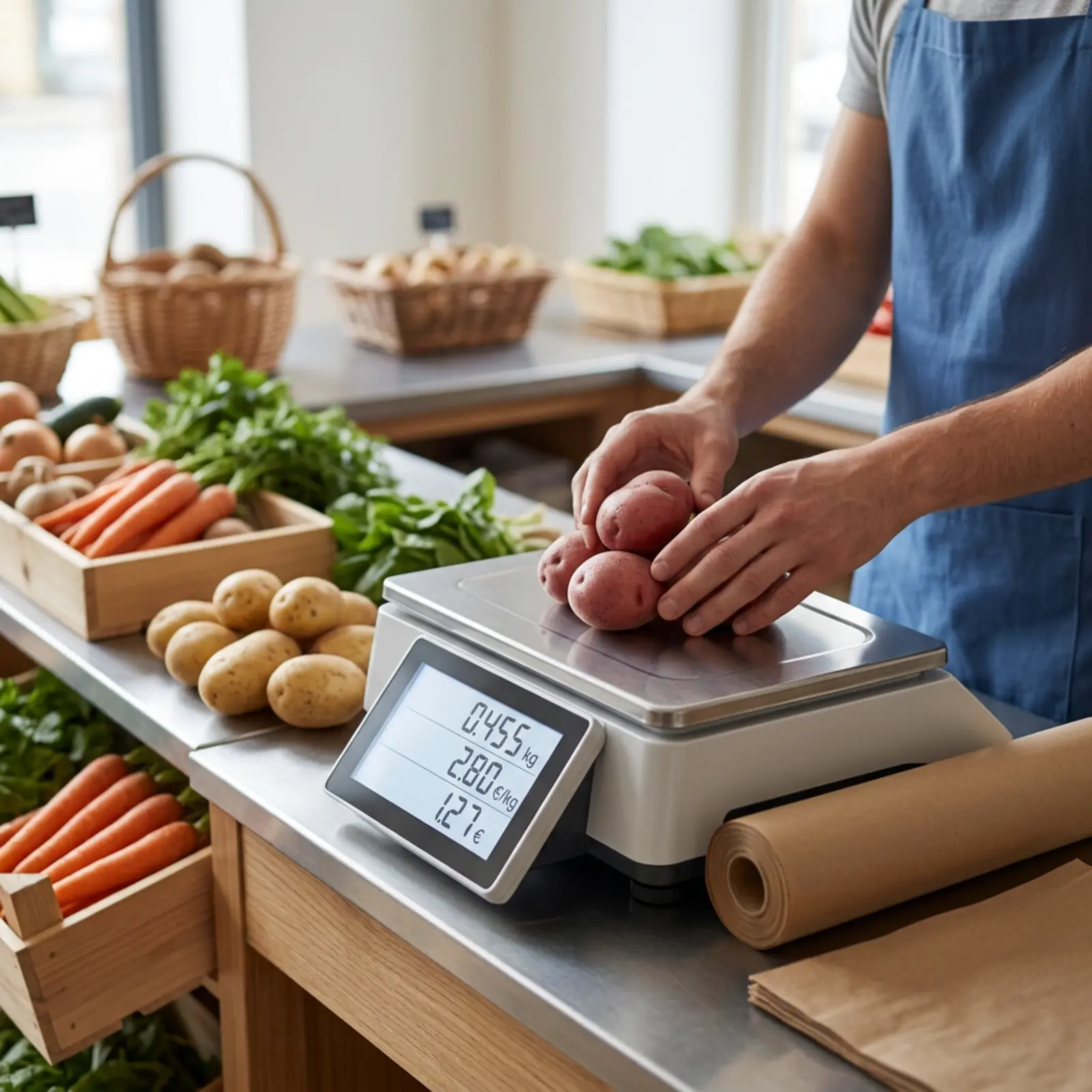 Digitale Waage an einer Ladentheke, Hände wiegen frisches Obst oder Gemüse.