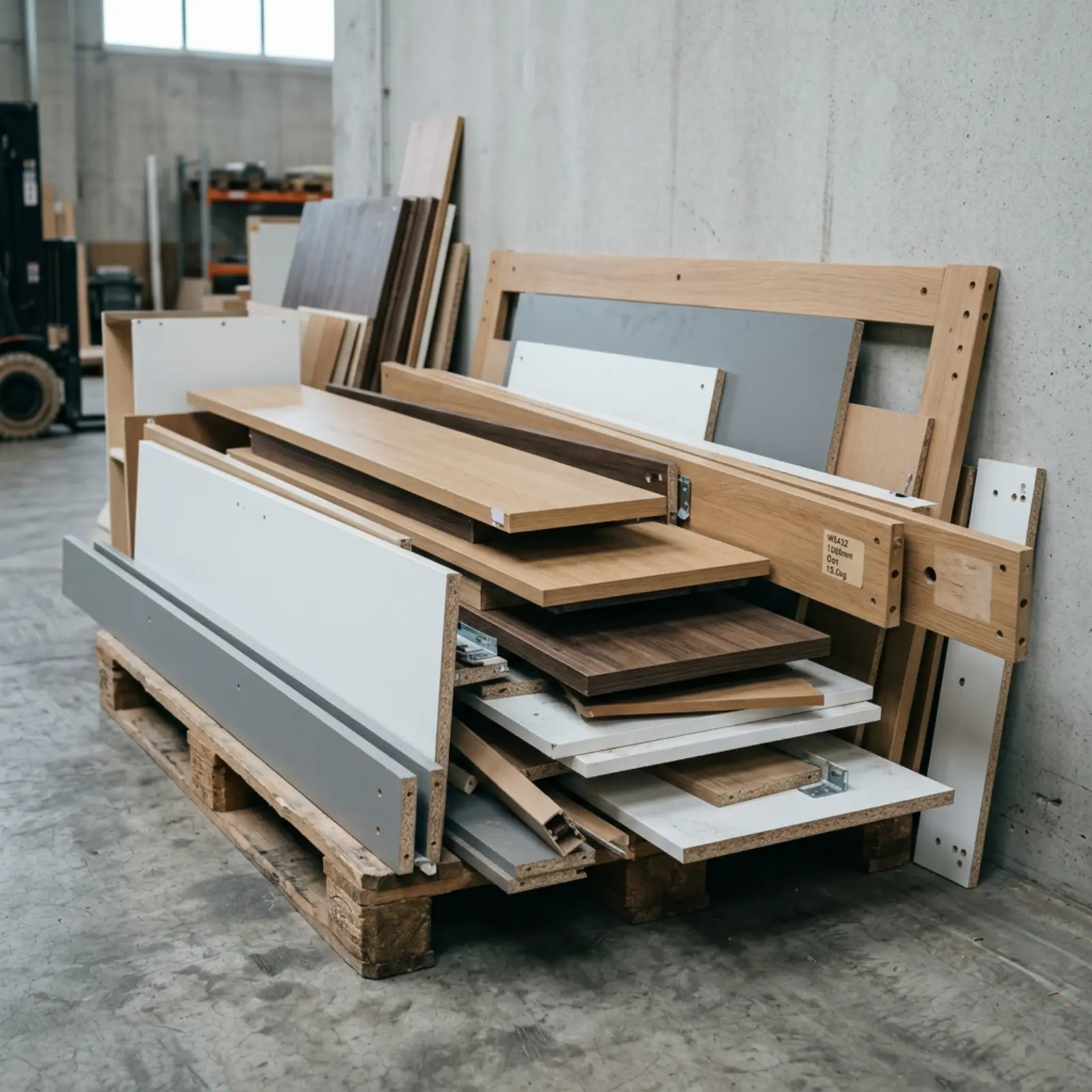 Piezas de muebles desmontadas: estanterías largas, paneles, somieres y tableros de mesa sobre un fondo gris claro