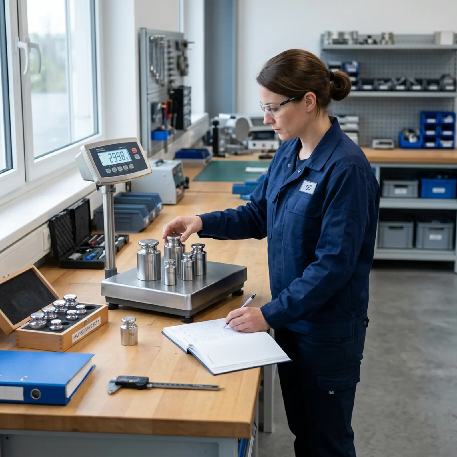 Le technicien place des poids étalonnés sur la balance à colis installée sur la table d'emballage et consigne les écarts.