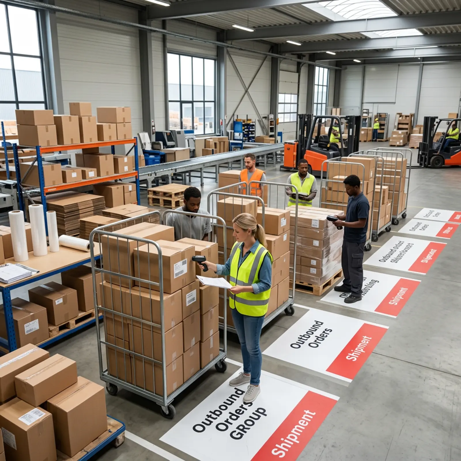 Entrepôt logistique : les commandes sortantes sont regroupées, le responsable attribue les emballages et les documents.