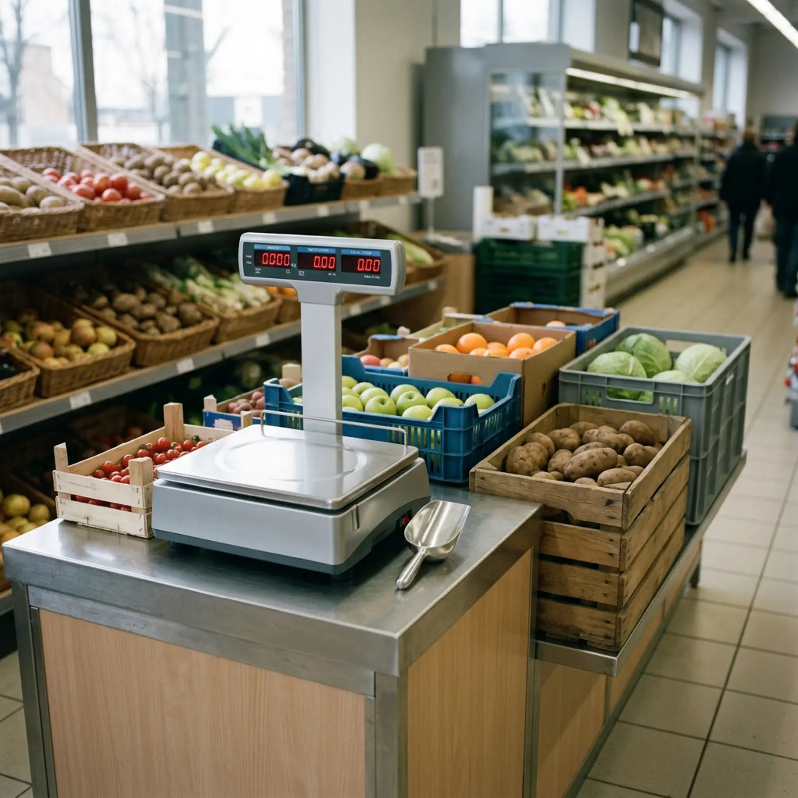 Obstkisten in verschiedenen Größen neben einer Verkaufstheke mit Waage