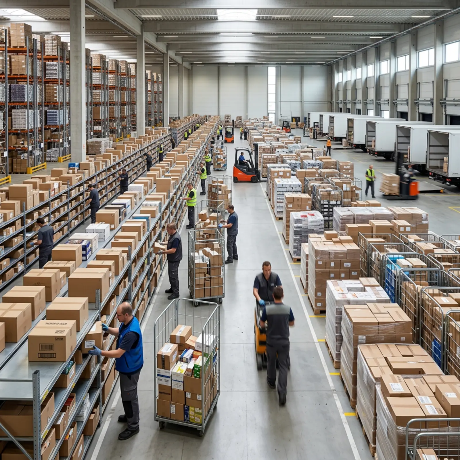 Entrepôt logistique : les employés transfèrent des cartons contenant des articles variés dans des bacs roulants ; de nombreux colis triés