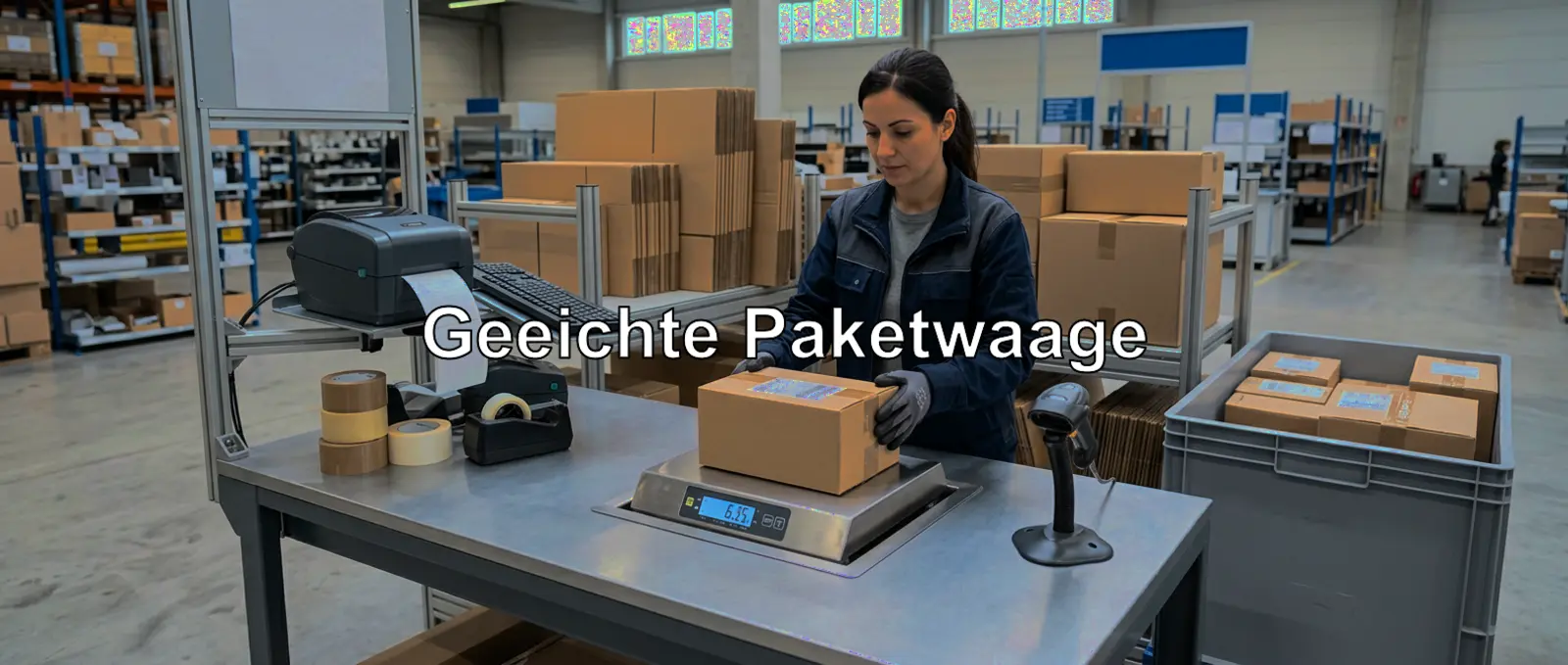 Un employé dépose des colis dans une « Packstation » équipée d'une balance, d'une imprimante d'étiquettes et de bacs d'expédition.