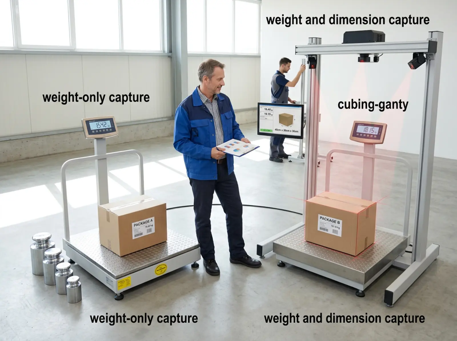 Gros plan photoréaliste d'une balance industrielle avec des poids de contrôle, une étiquette d'étalonnage et un technicien.