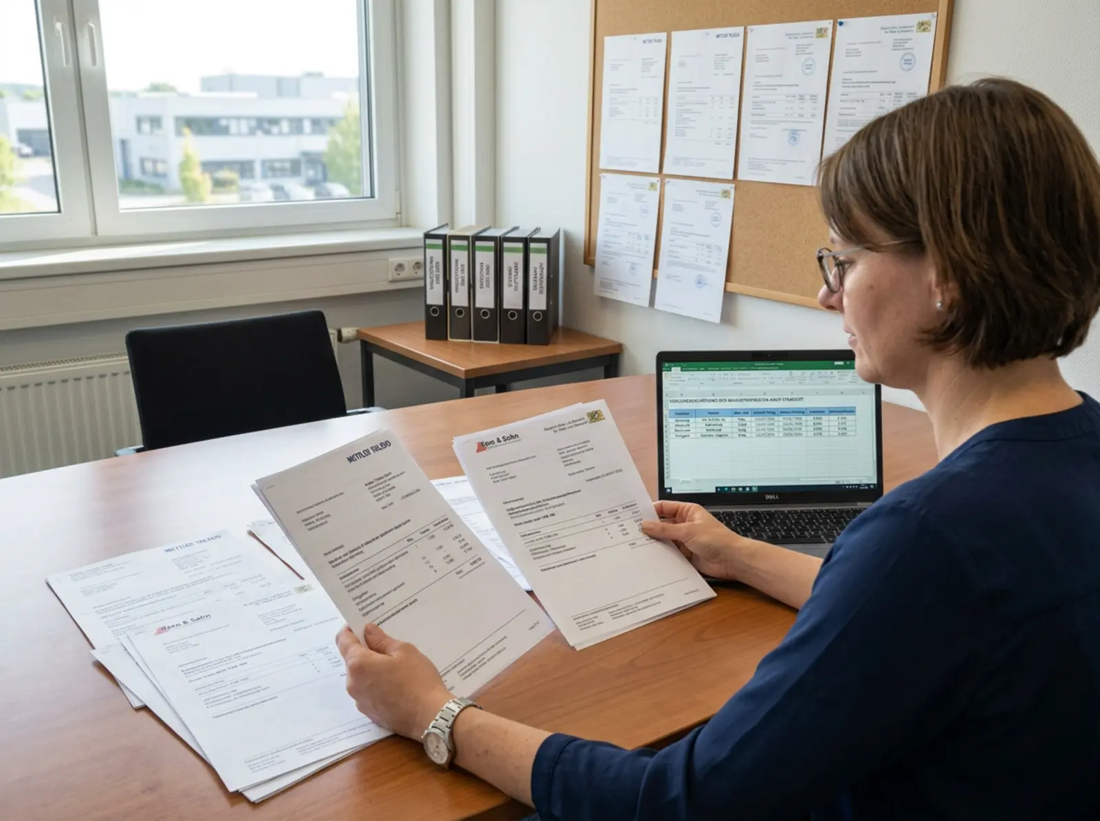 Gros plan photoréaliste d'une balance industrielle avec des poids de contrôle, une étiquette d'étalonnage et un technicien.