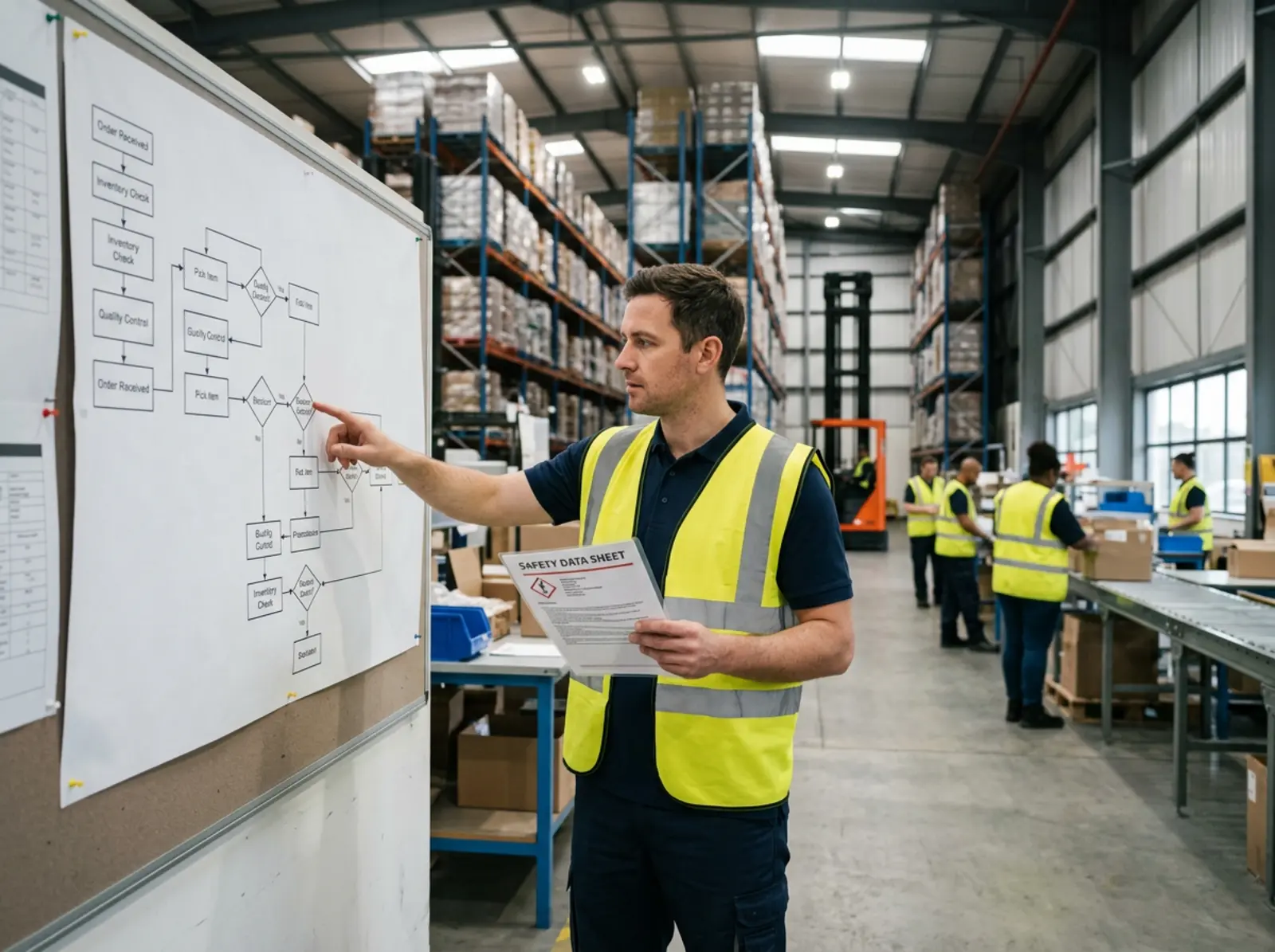 Logistikmanager verfolgt Schritt-für-Schritt-Entscheidung am Flowchart im Lager mit Sicherheitsdatenblatt