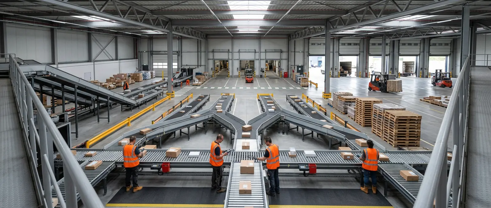 Arbeitende im Logistikzentrum sortieren Pakete auf Förderbändern im modernen Versandbereich
