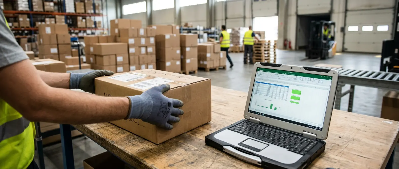 Hände eines Lagerarbeiters platzieren Kartonbox neben geöffnetem Laptop im Versandbereich
