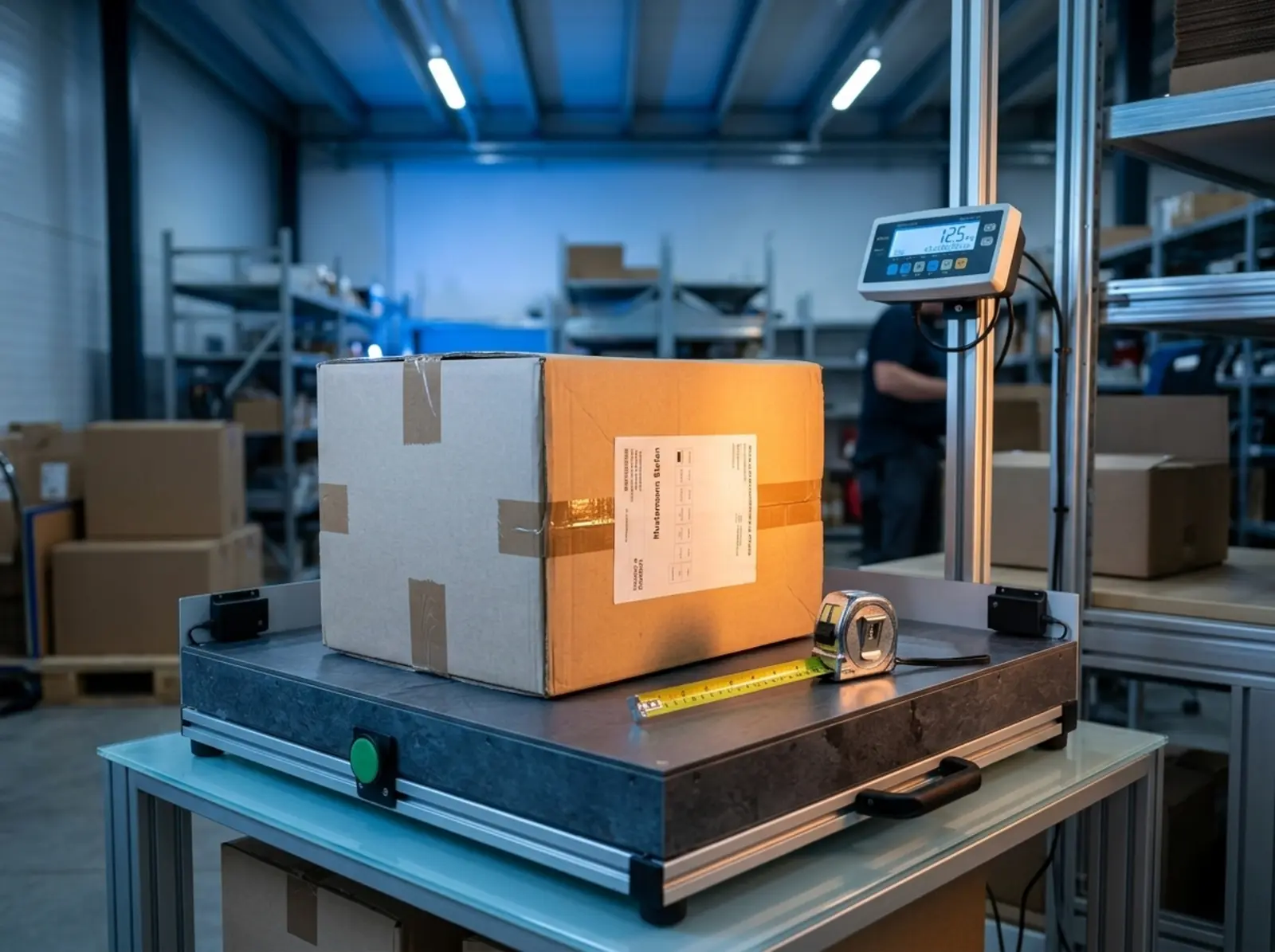 A large cardboard box on a shipping scale with a measuring tape at the logistics center.