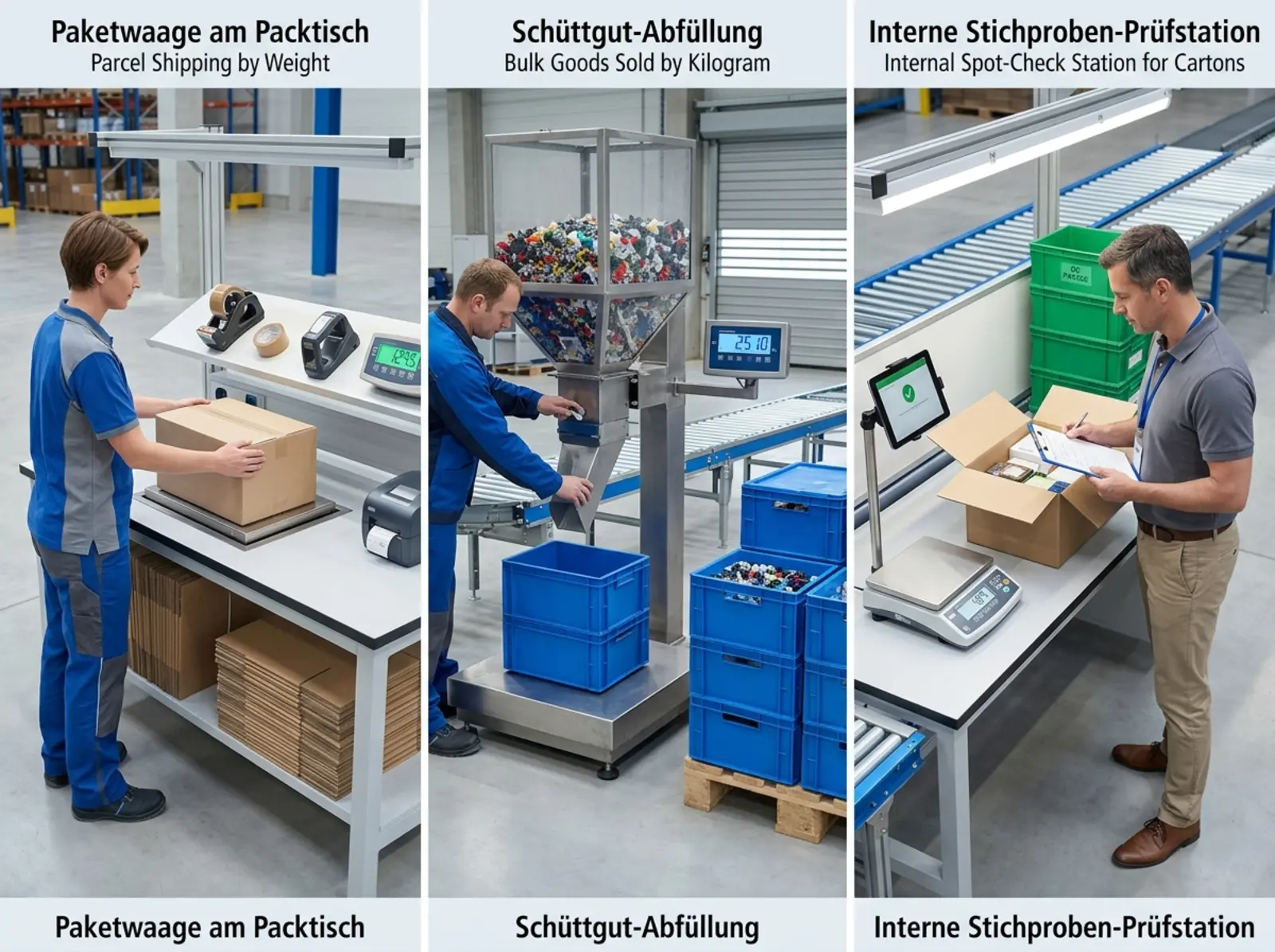 Entrepôt logistique : balance sur la table d'emballage, marchandises au kilogramme et poste de contrôle des cartons sous un éclairage neutre.