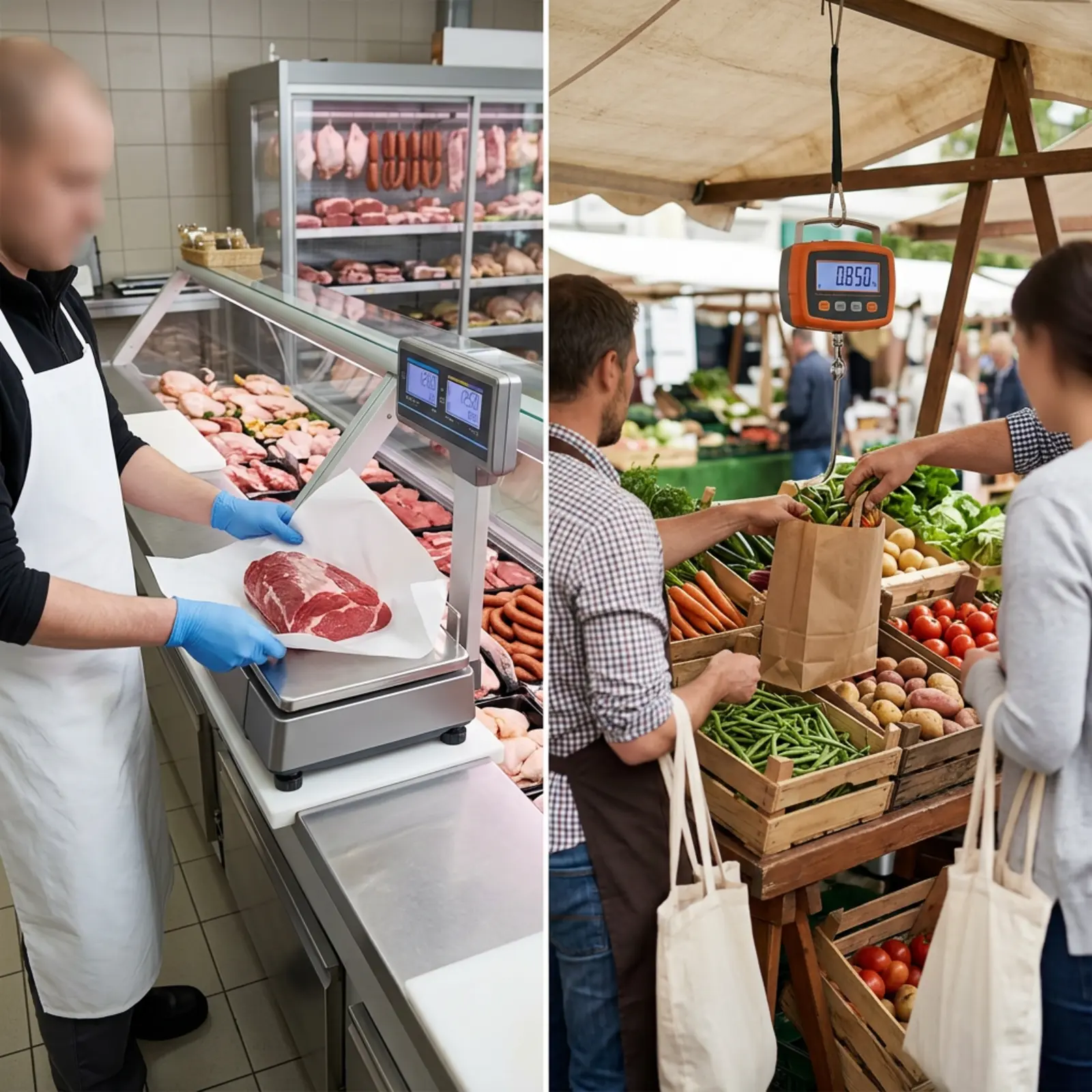 Geteilte Szene: Metzger wiegt Fleisch, Bauer wiegt Gemüse an einem Marktstand.