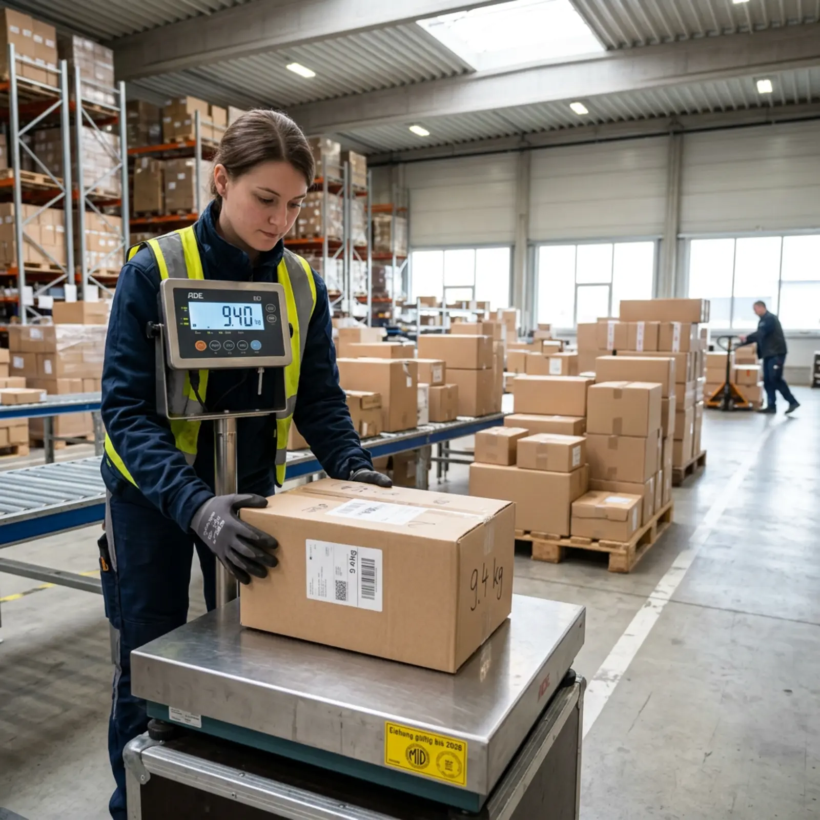 Un magasinier pèse un colis sur une balance industrielle ; la plaque d'étalonnage est visible, des colis sont visibles à l'arrière-plan